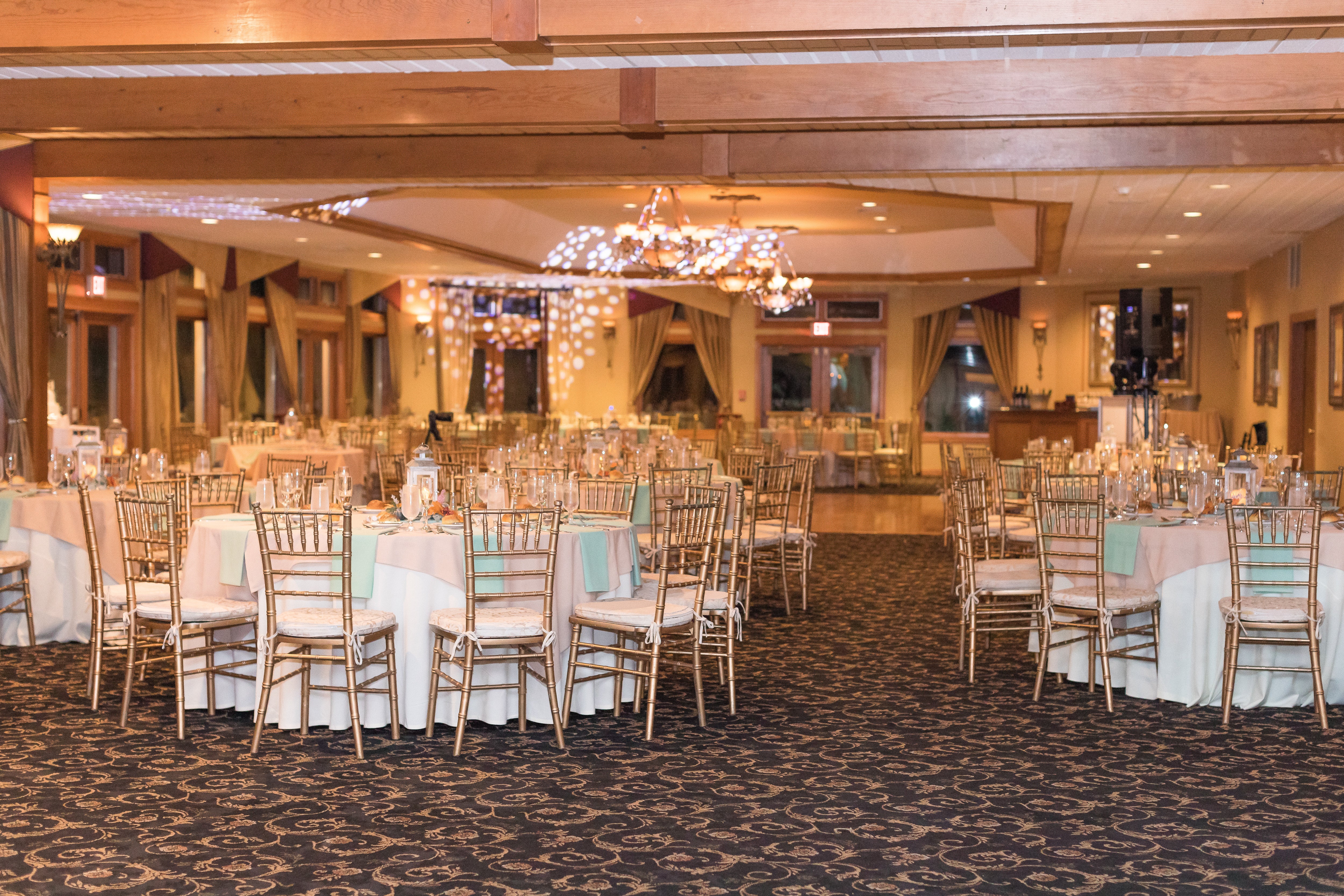 Black Bear Ballroom set up for wedding reception. 