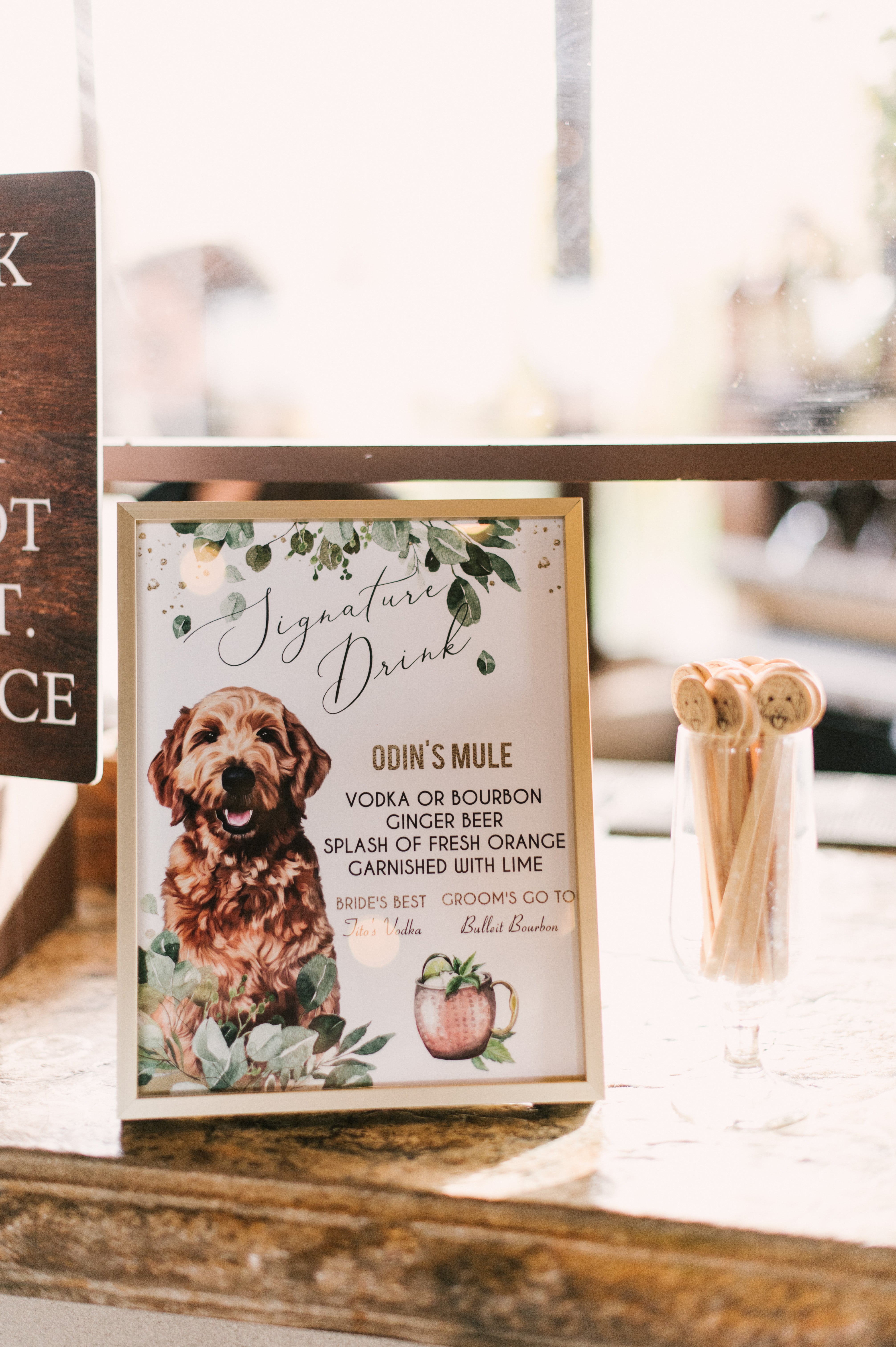 Bar sign featuring a dog at a Ballyowen Bailigh Bluff House wedding reception.