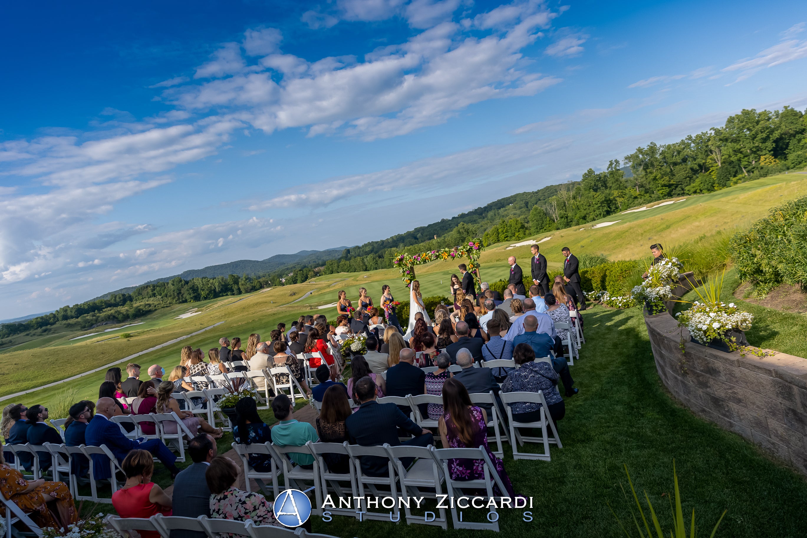 Ceremony in Ballyowen Wedding Garden with beautiful mountain vistas.