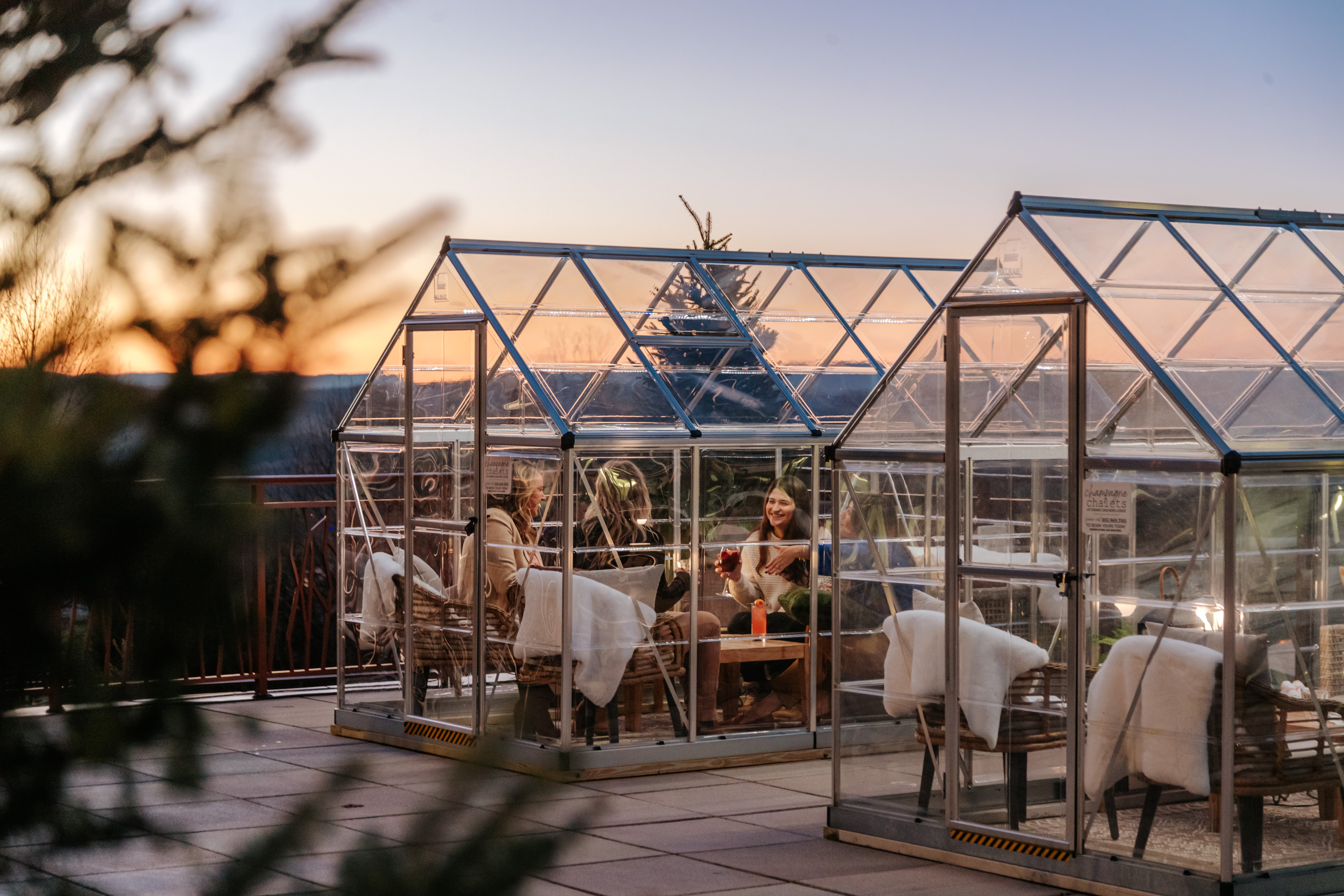 Group of women dining in a glass house with a winter sunset view.