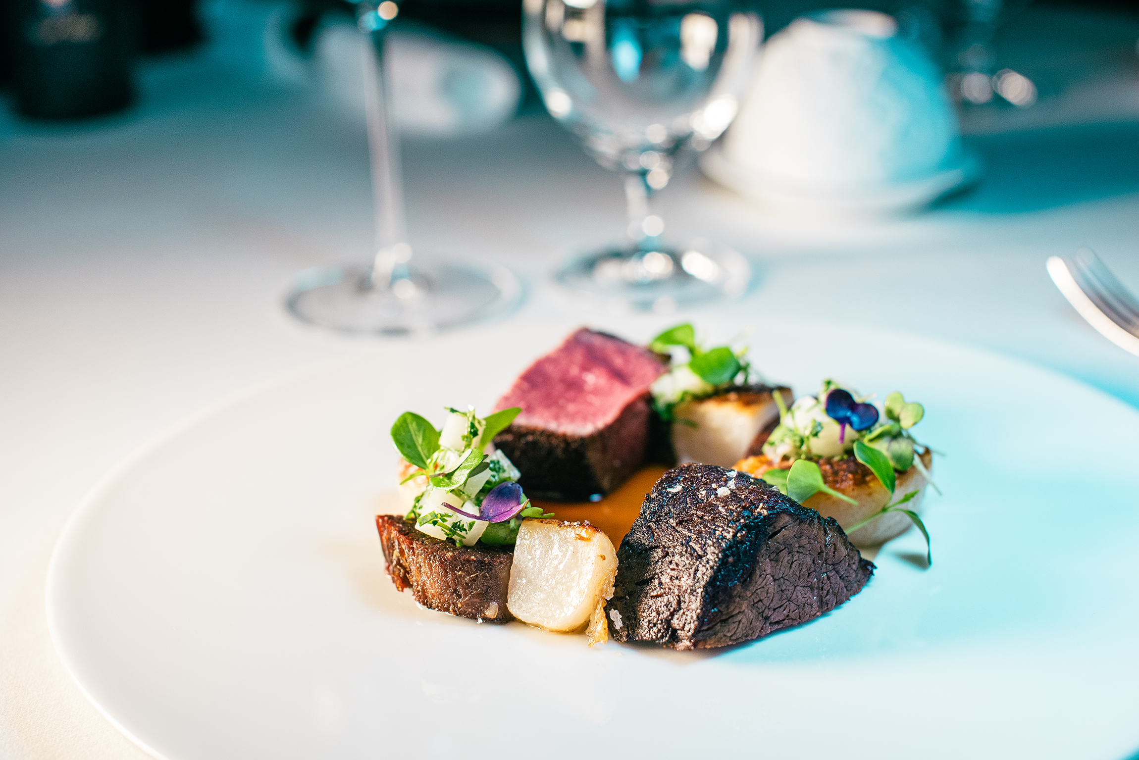 bison tenderloin with turnip salsa, linguia, nut puree