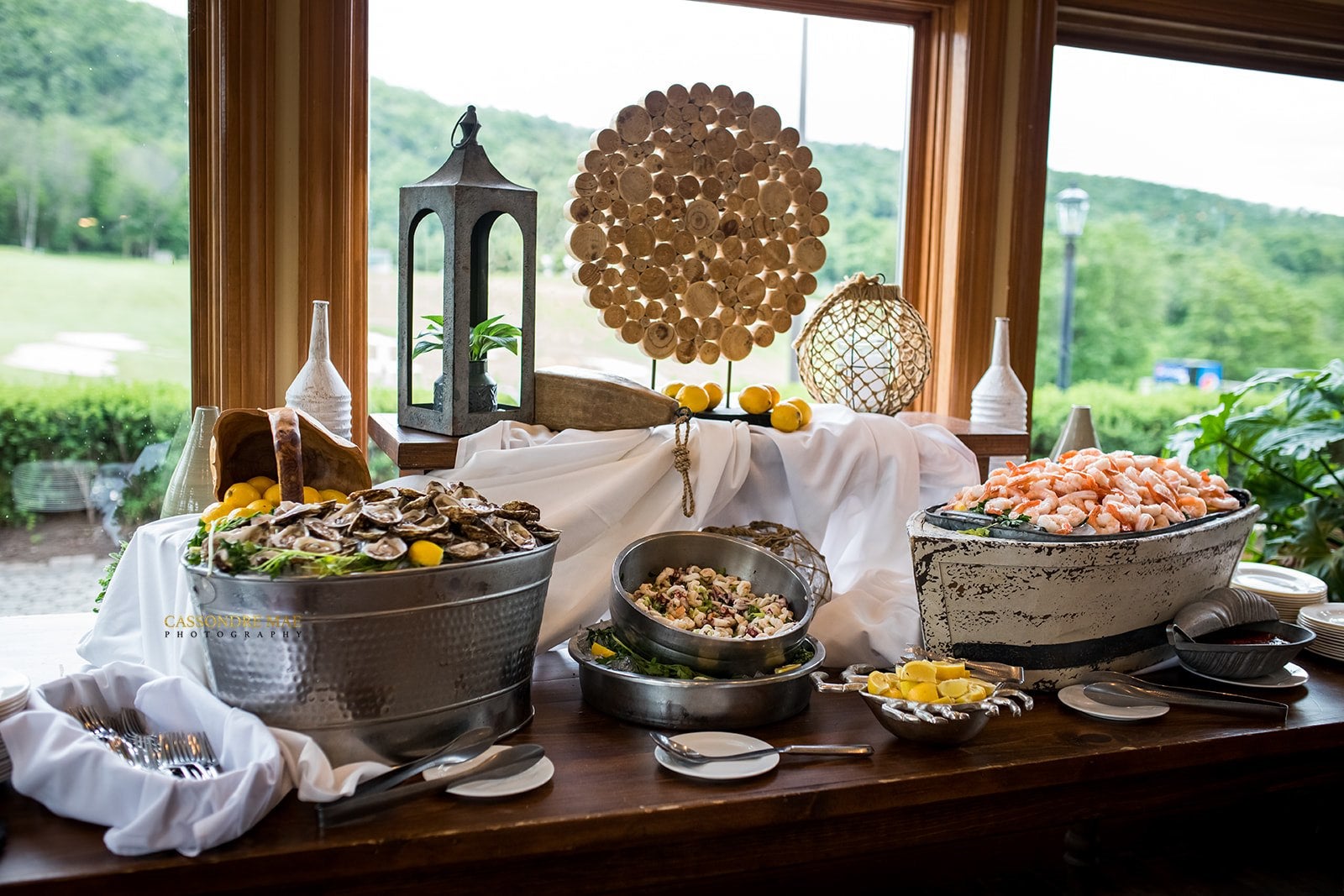 Shrimp and oyster buffet at Bear Den Grille during wedding cocktail hour.