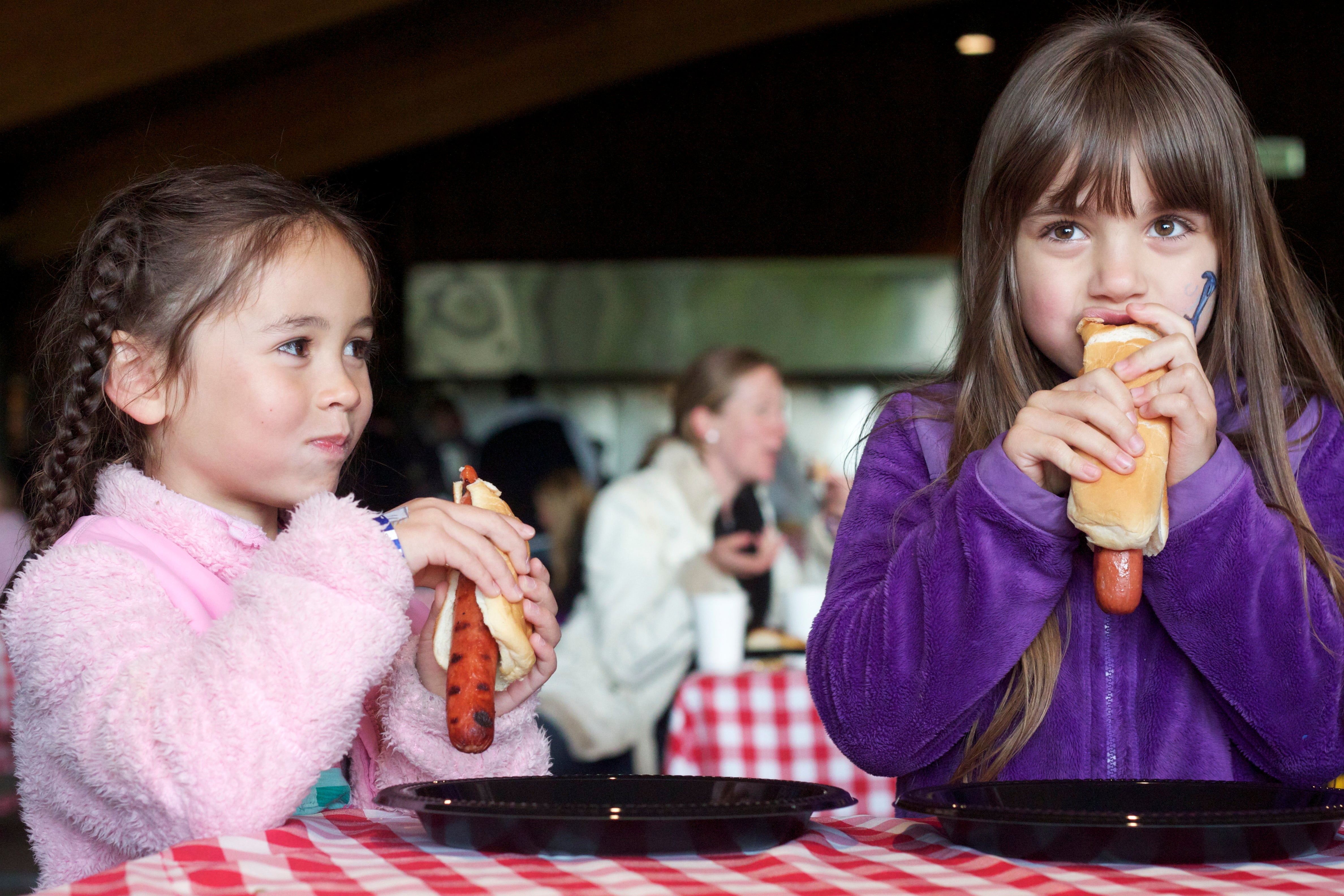 Two girls eating hot dogs at BBQ.