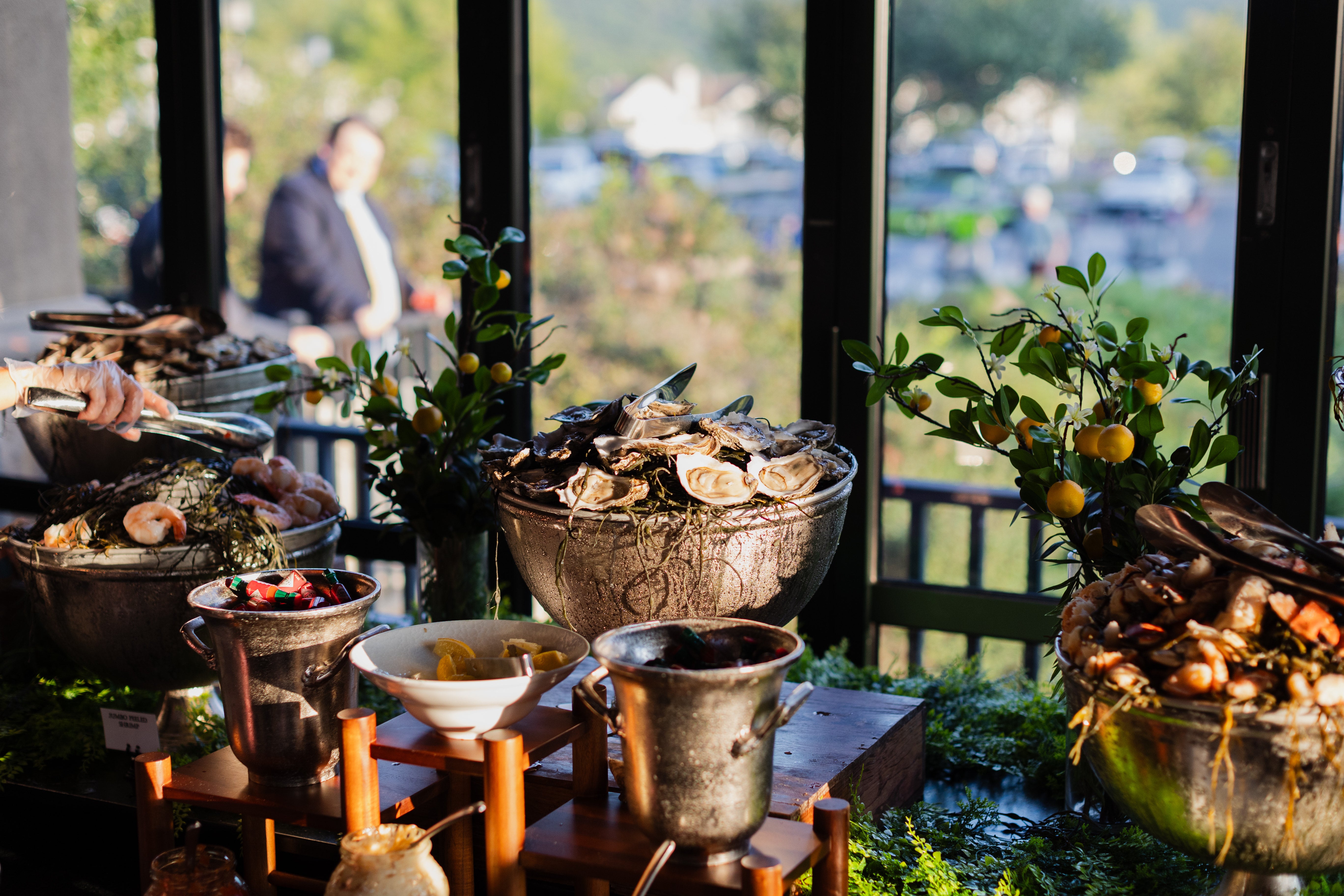 Cocktail hour set up of food in Grand Rotunda.