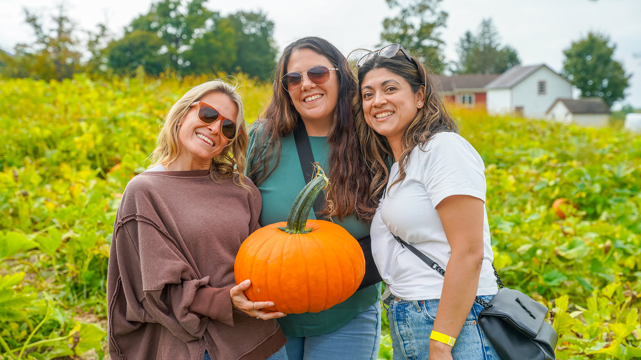 Three girlfriends at pumpkin patch.