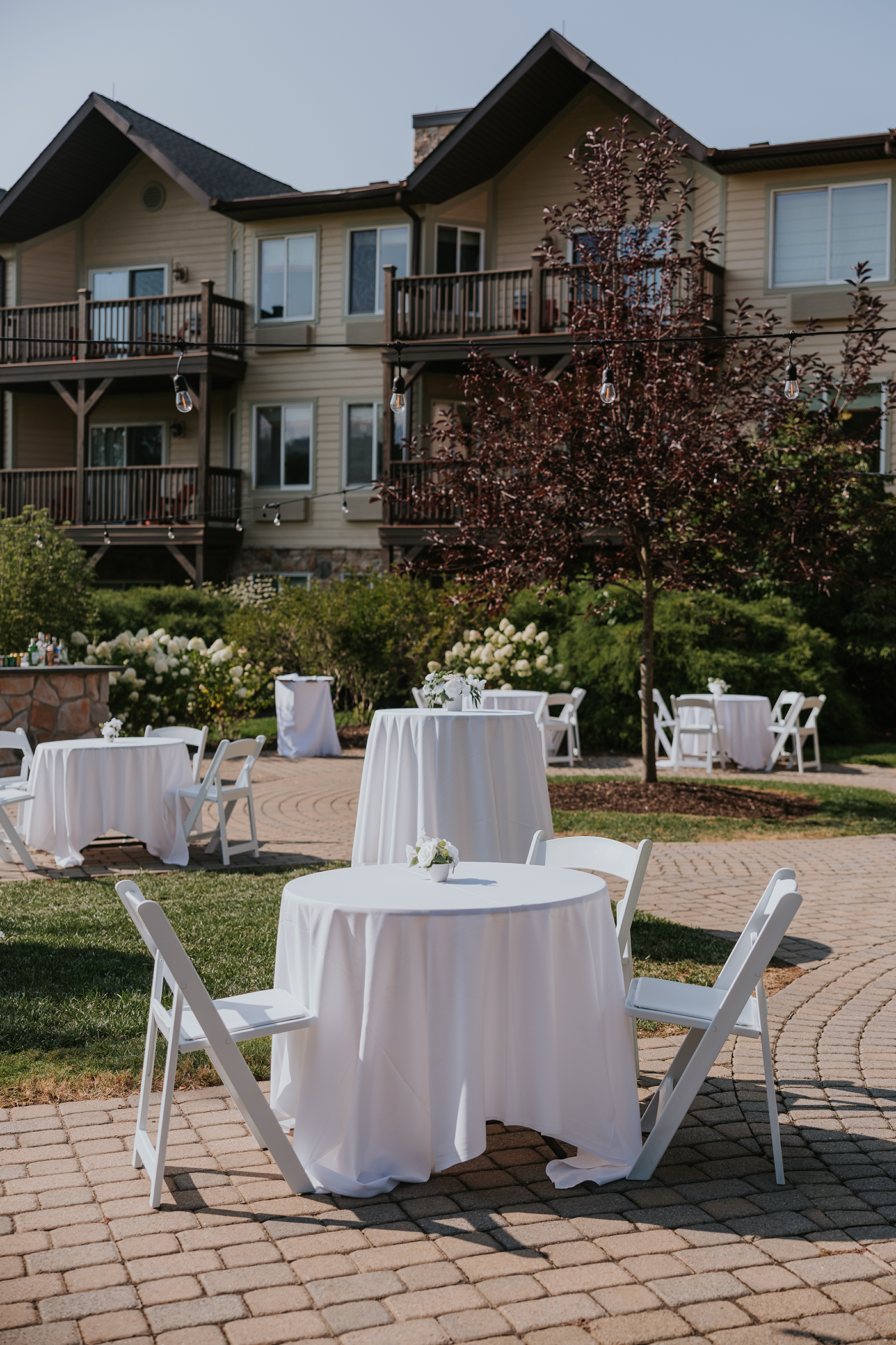 Outdoor setup for cocktail hour in Wedding Garden at Minerals Hotel.