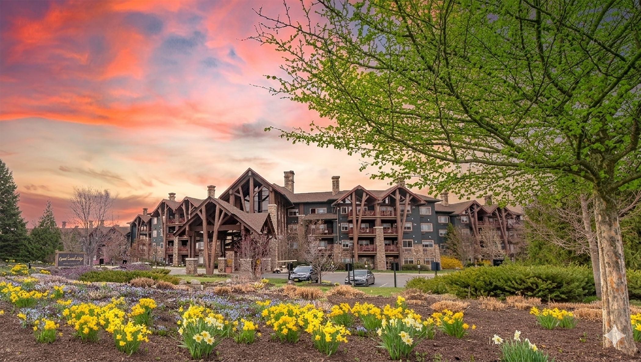 Grand Cascades Lodge exterior during spring with sunset.
