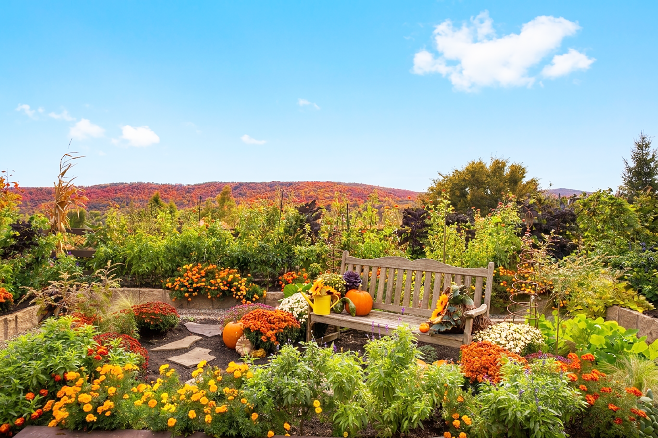 Chef's Garden at Grand Cascades Lodge during fall with pumpkins, mums, and cornstalks. 