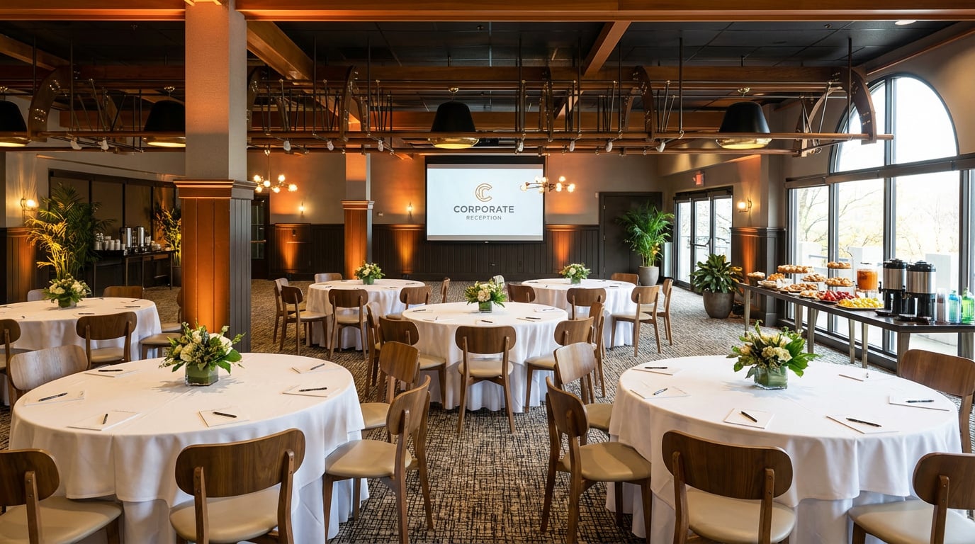 Copper Meeting Room at Minerals Hotel setup for corporate meeting with round tables. 