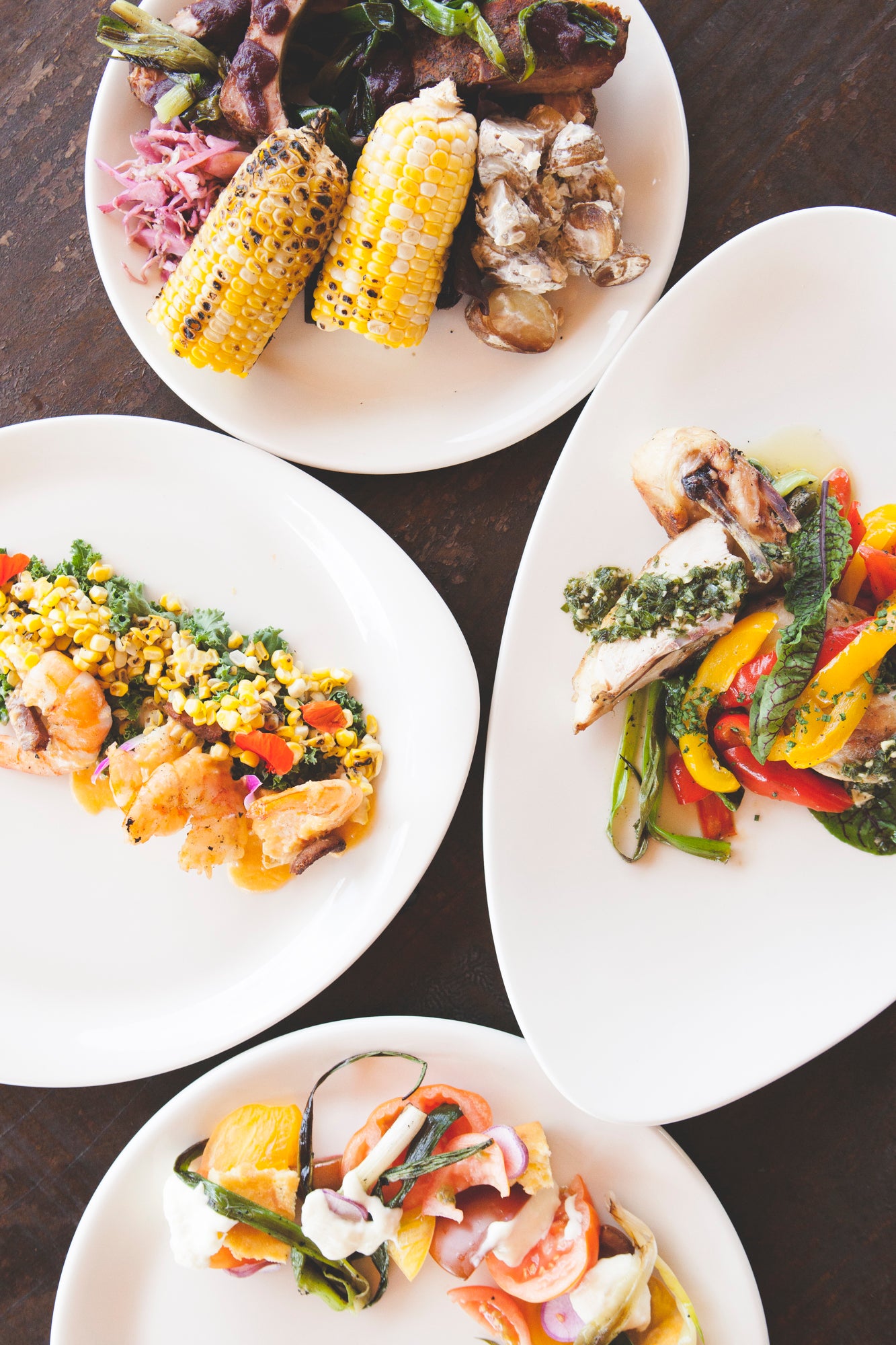 Array of plated food from chef's garden made with fresh veggies