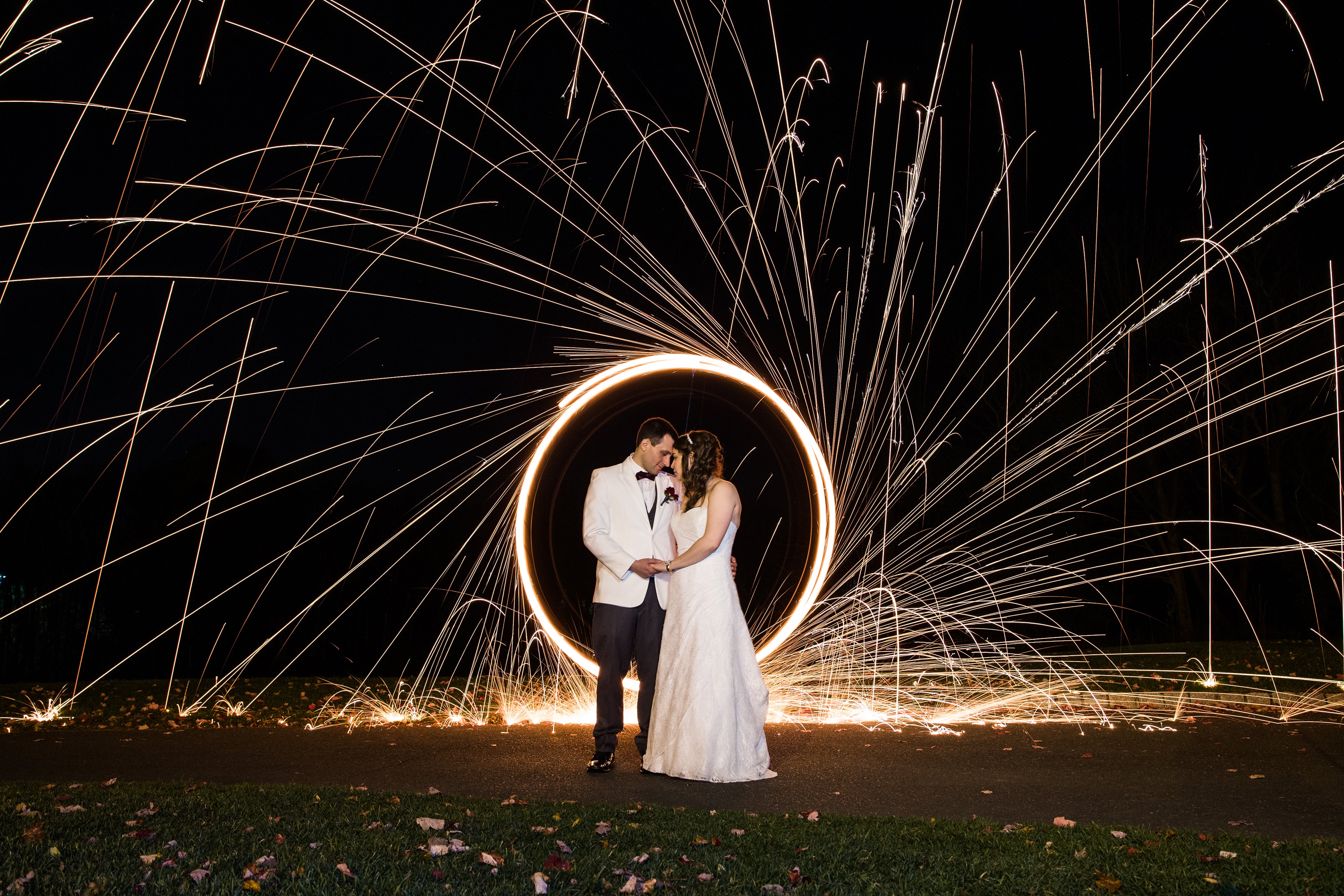Bride and groom in the circle of sparklers
