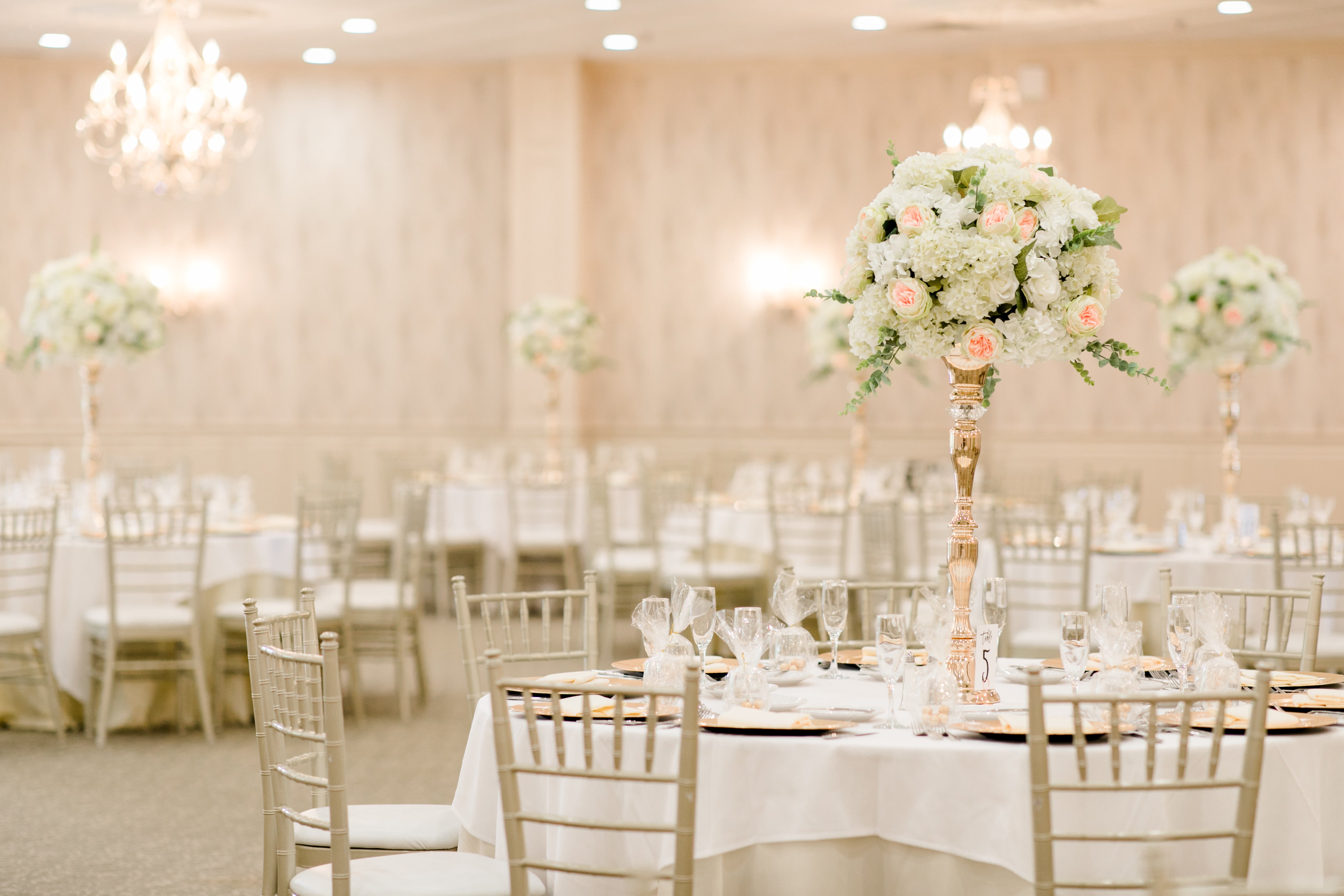 Beautiful ballroom decorated for classic wedding at Crystal Springs Resort