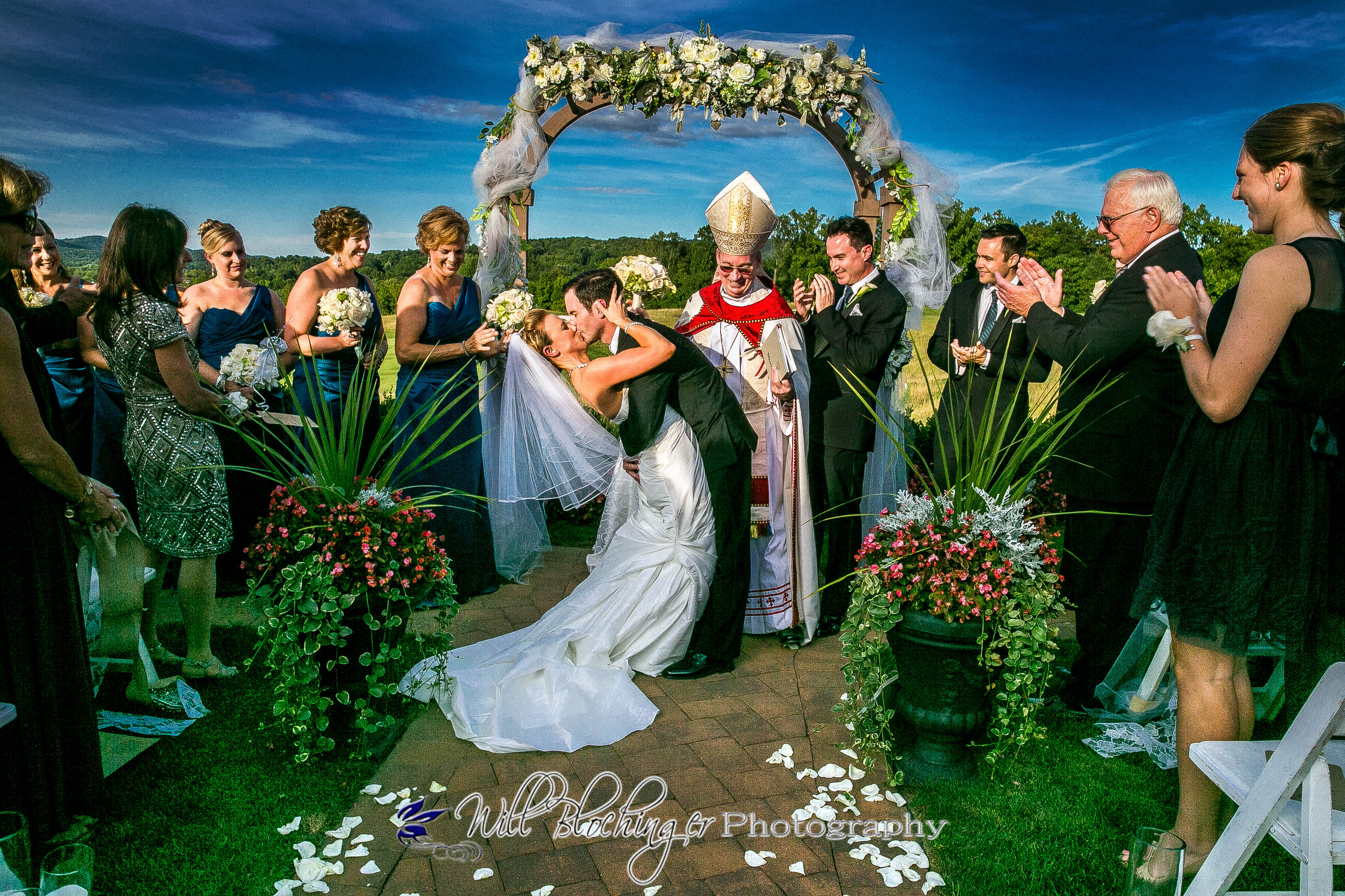 Bride and groom kiss after getting married