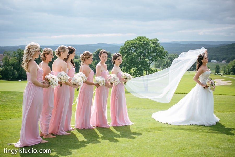 Bride stands bridesmaids who are wearing light pink dresses.
