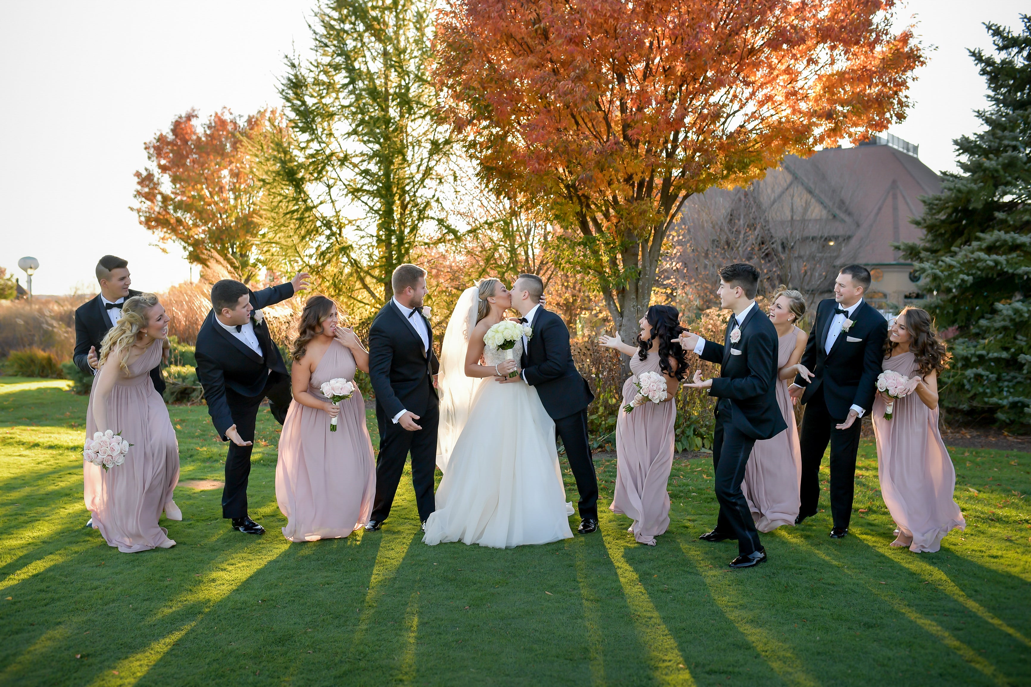 Wedding party outside Grand Cascades Lodge