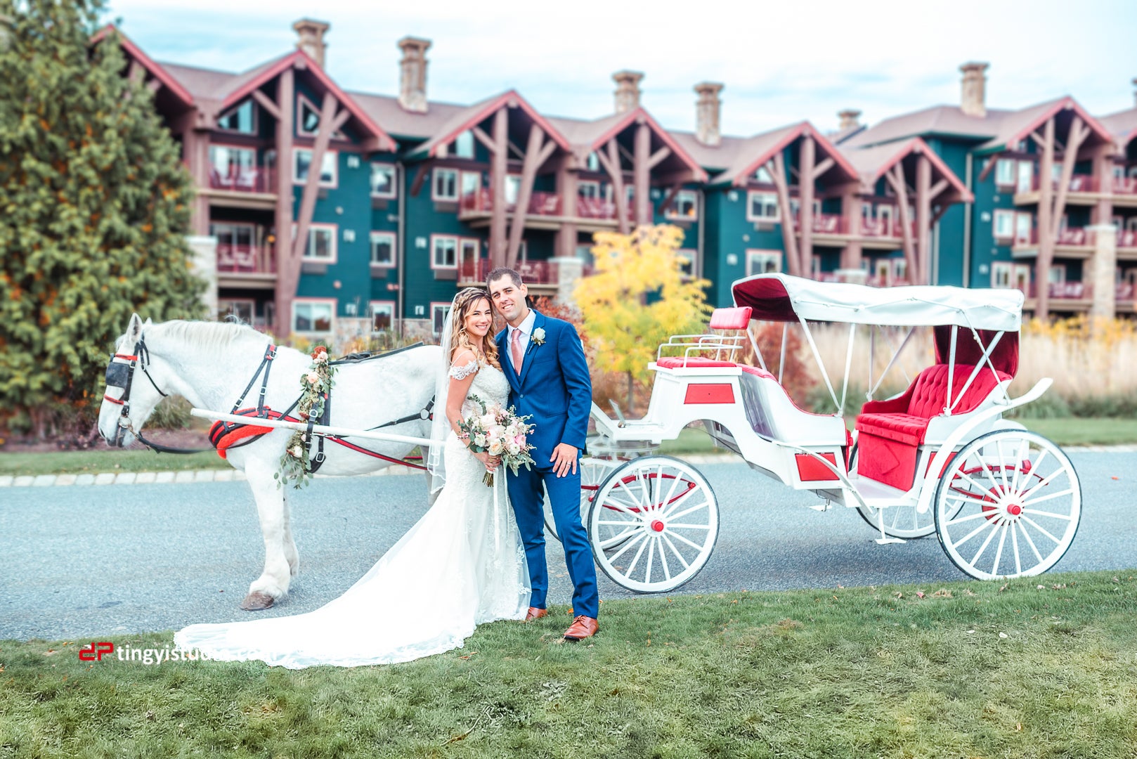 Bride and groom in front of horse drawn carriage at Crystal Springs Resort