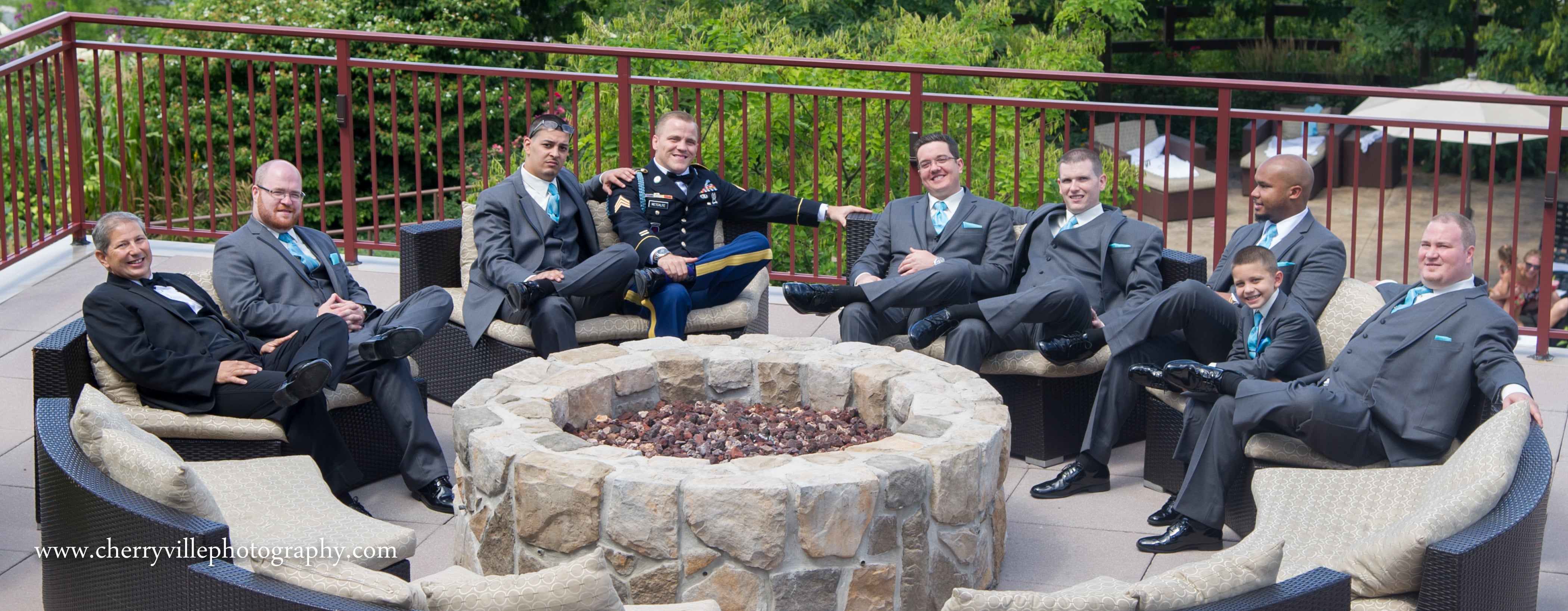 Groom with groomsmen on Fire &amp; Water Terrace