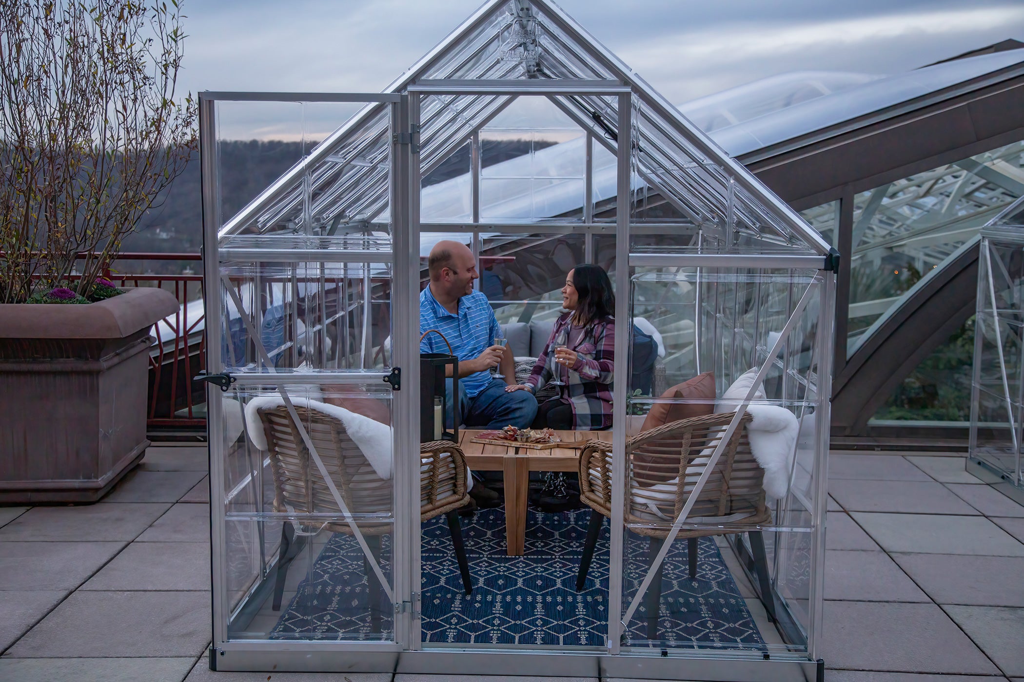 Couple sitting in Champagne Chalets