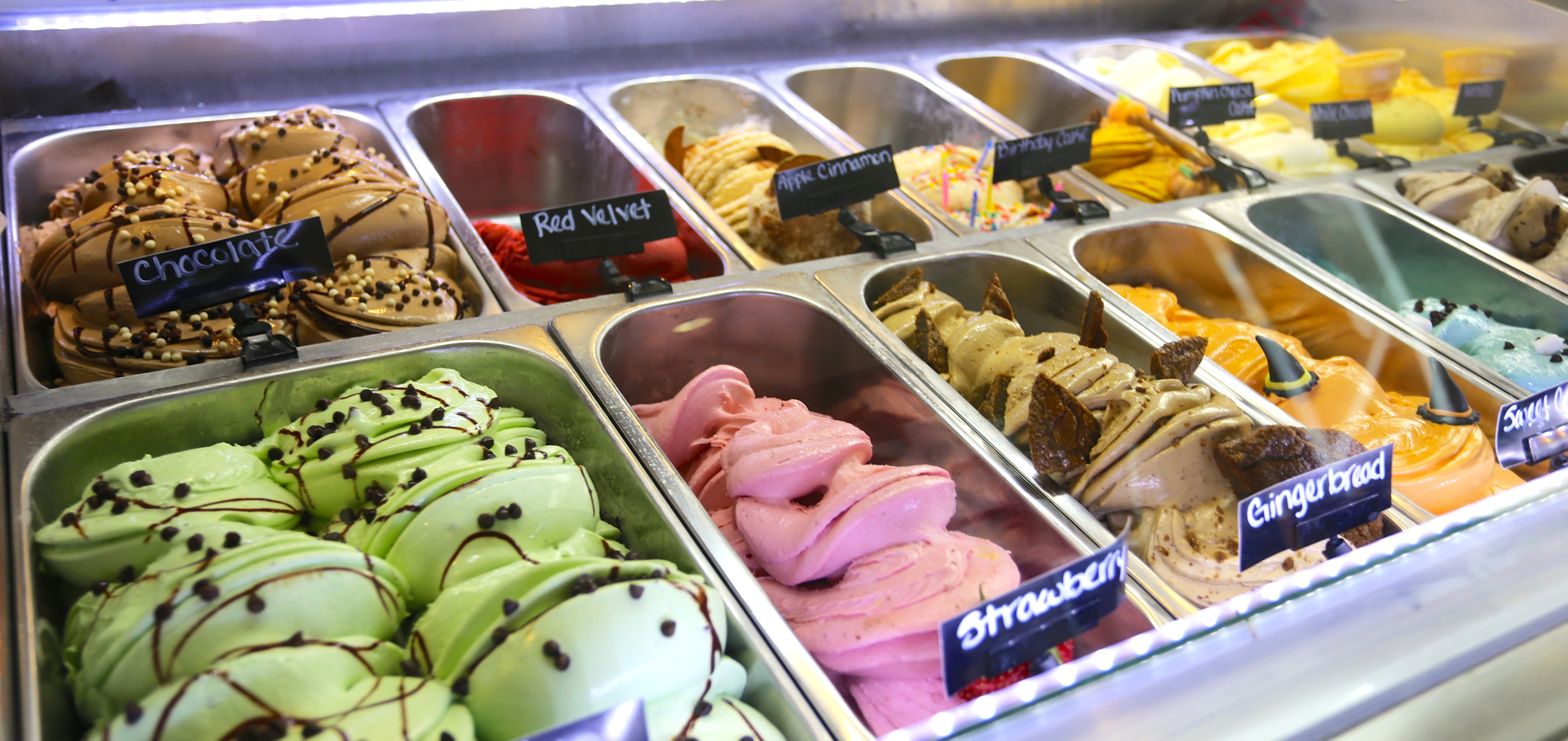 Array of gelato flavors.