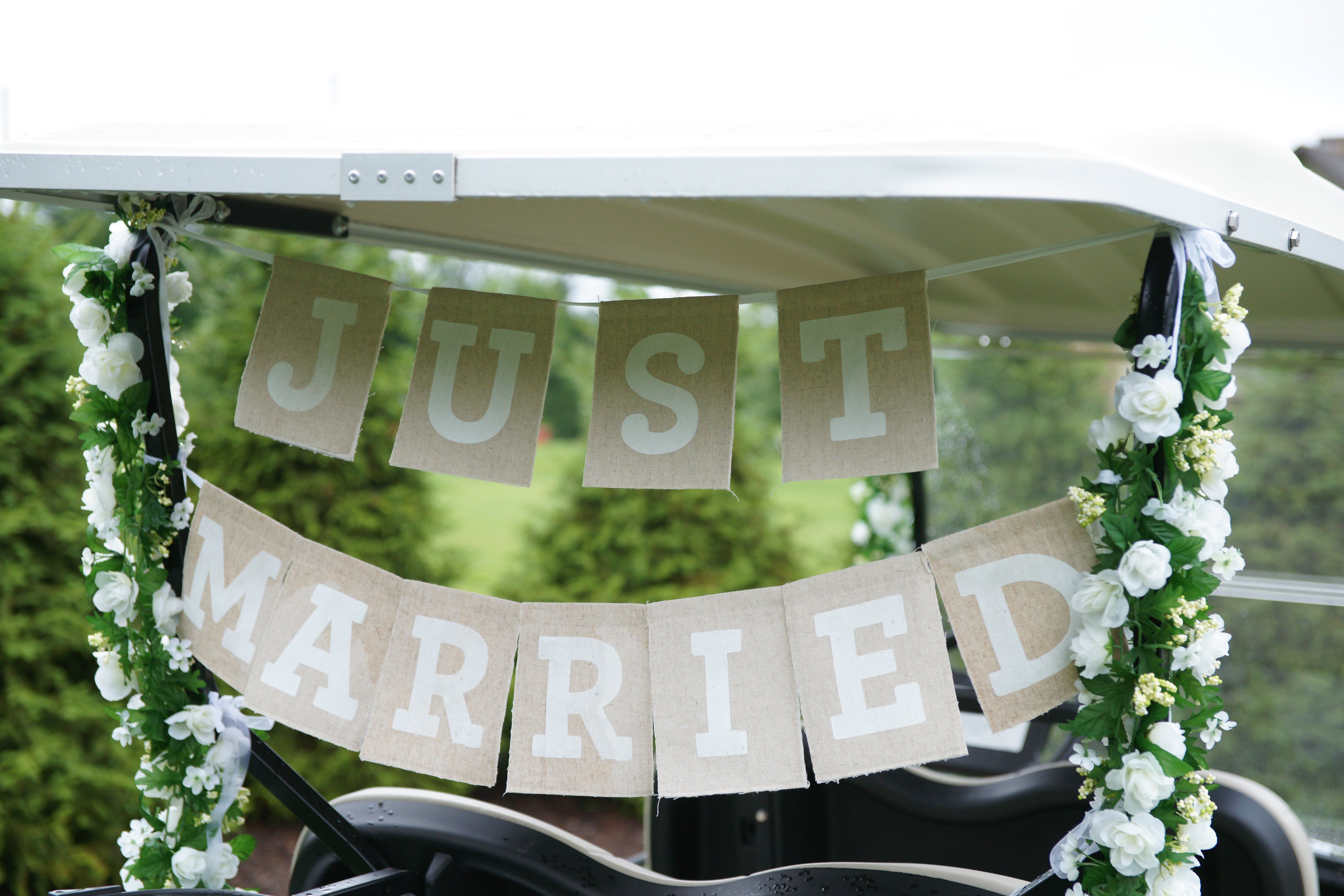 &quot;Just Married&quot; sign on the back of a golf care