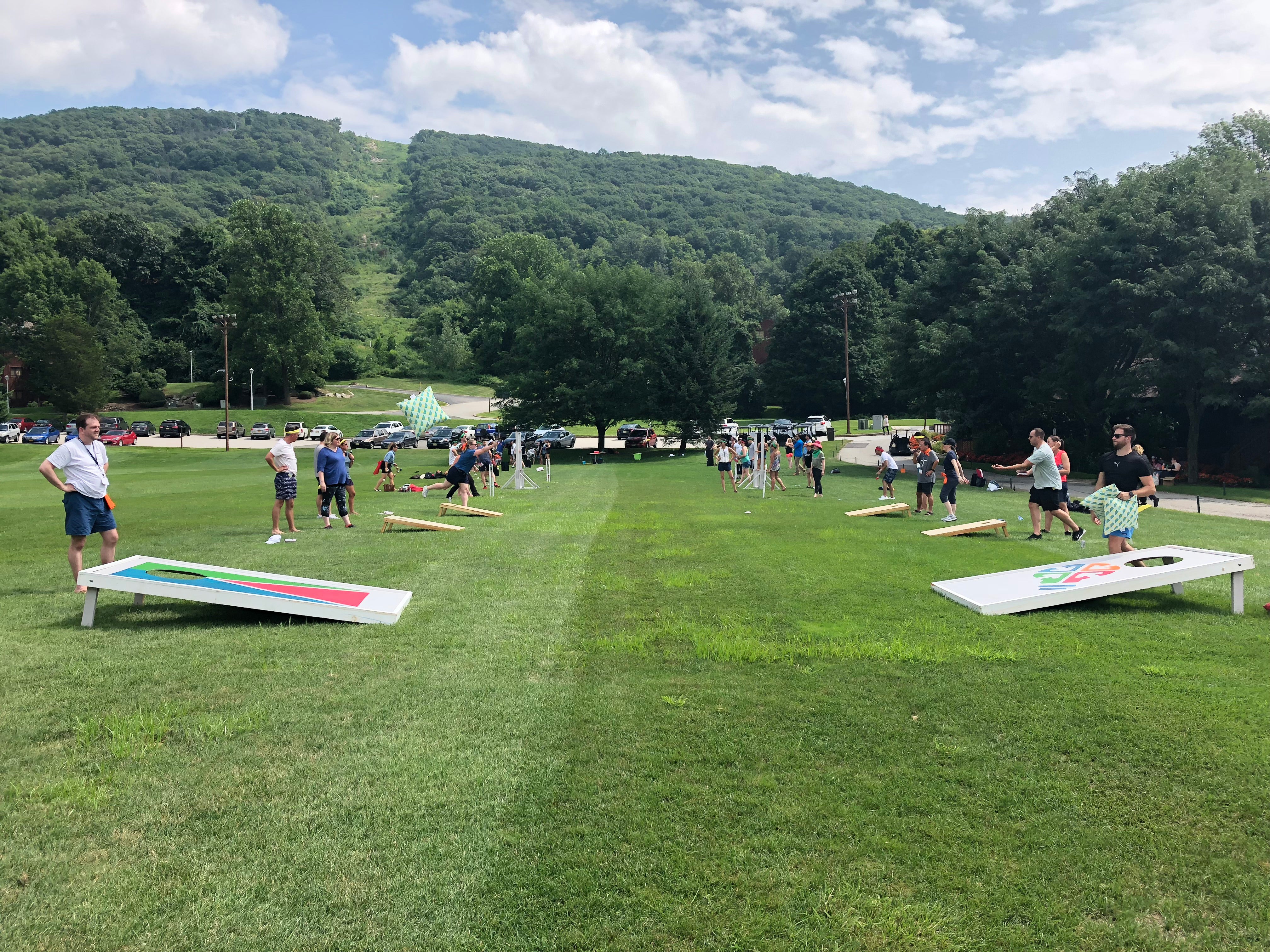 Giant corn hole corporate teambuilding activity at Crystal Springs Resort