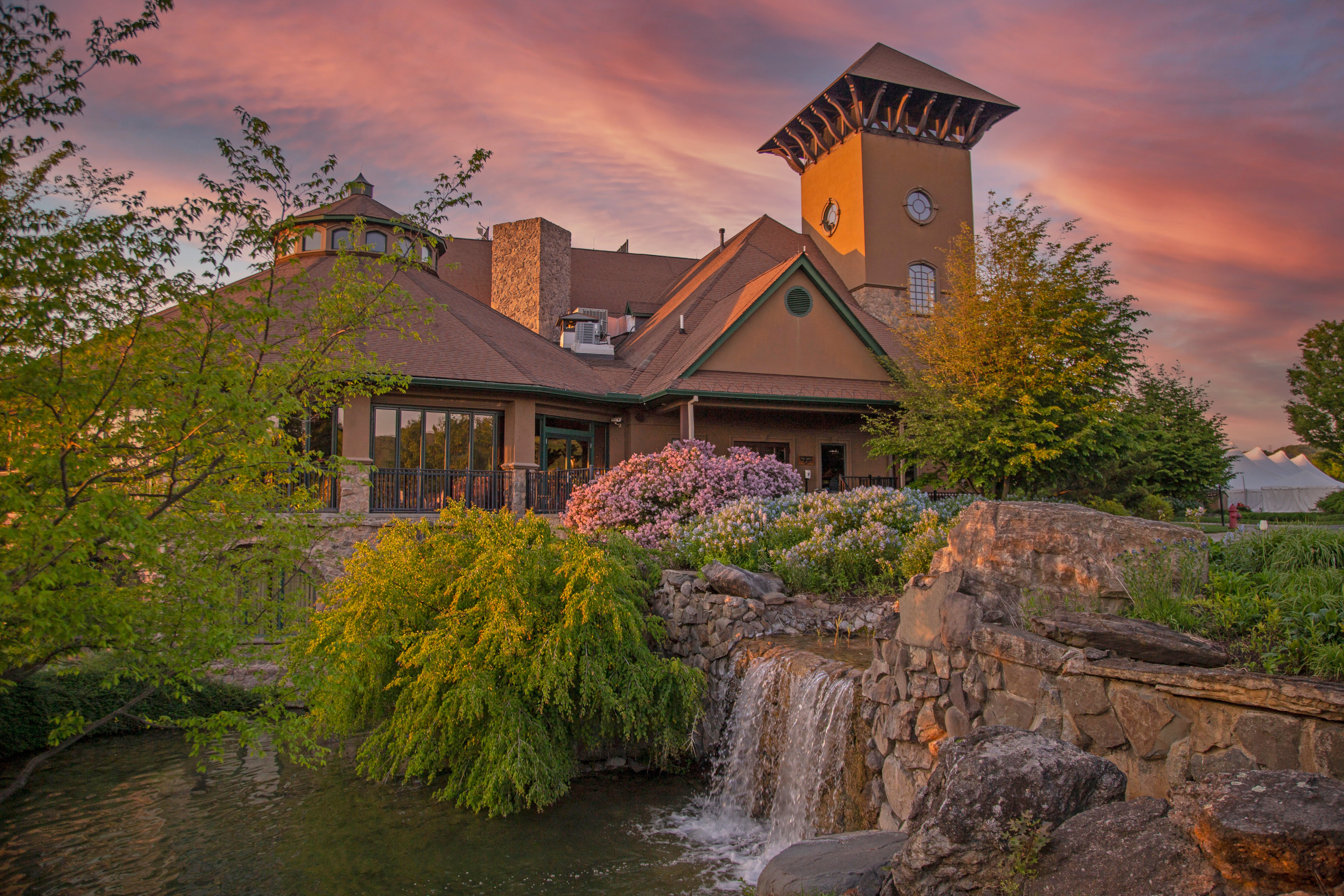 The Crystal Springs Clubhouse at sunset