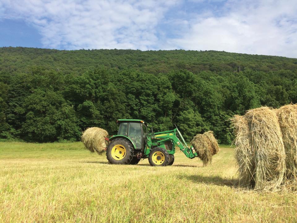 Tractor picking up hay
