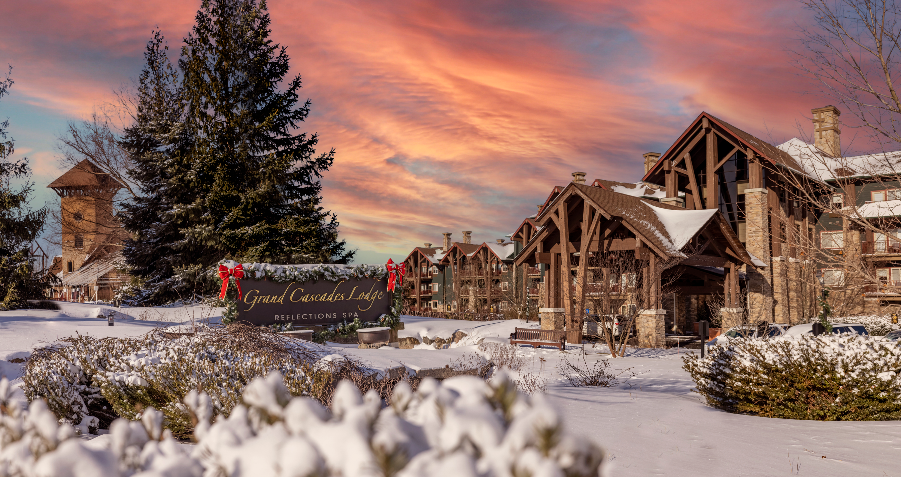 Grand Cascades Lodge entrance at Crystal Springs Resort in NJ