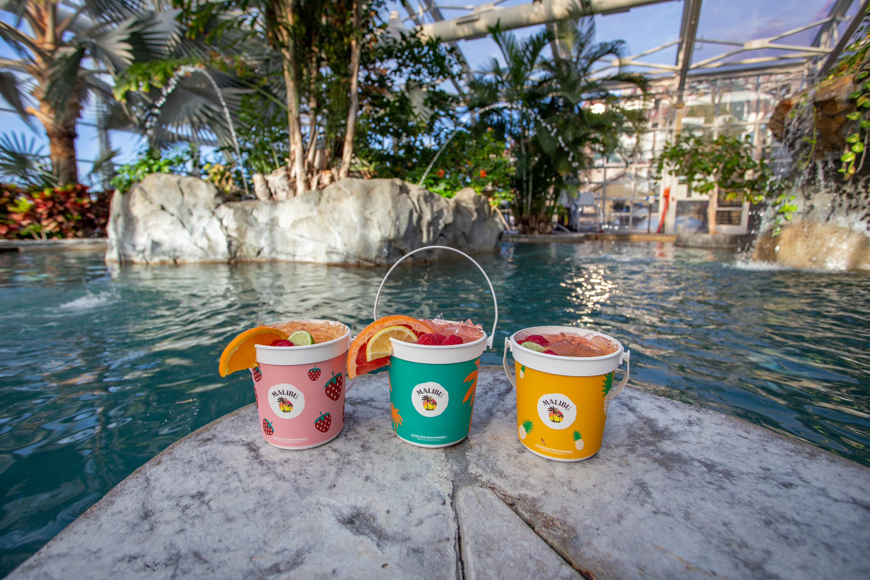 Three rum buckets poolside at Biosphere Pool Complex
