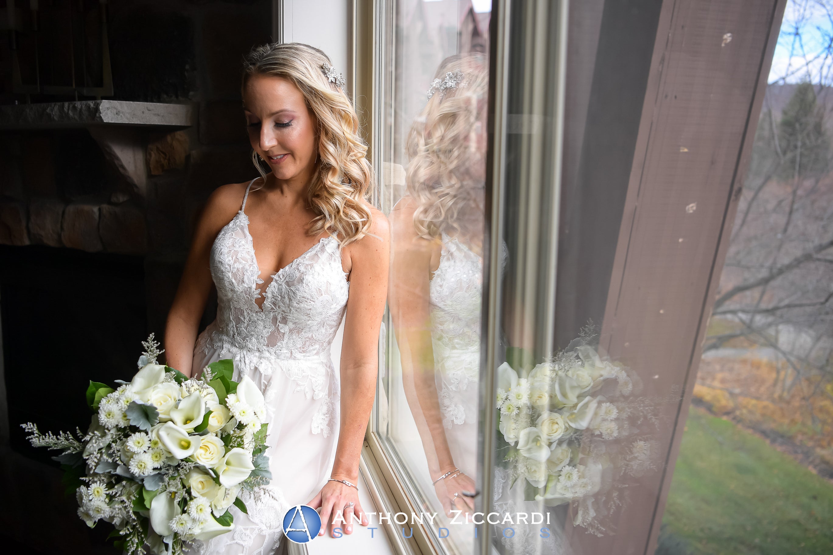 Women in wedding dress with flower bouquet