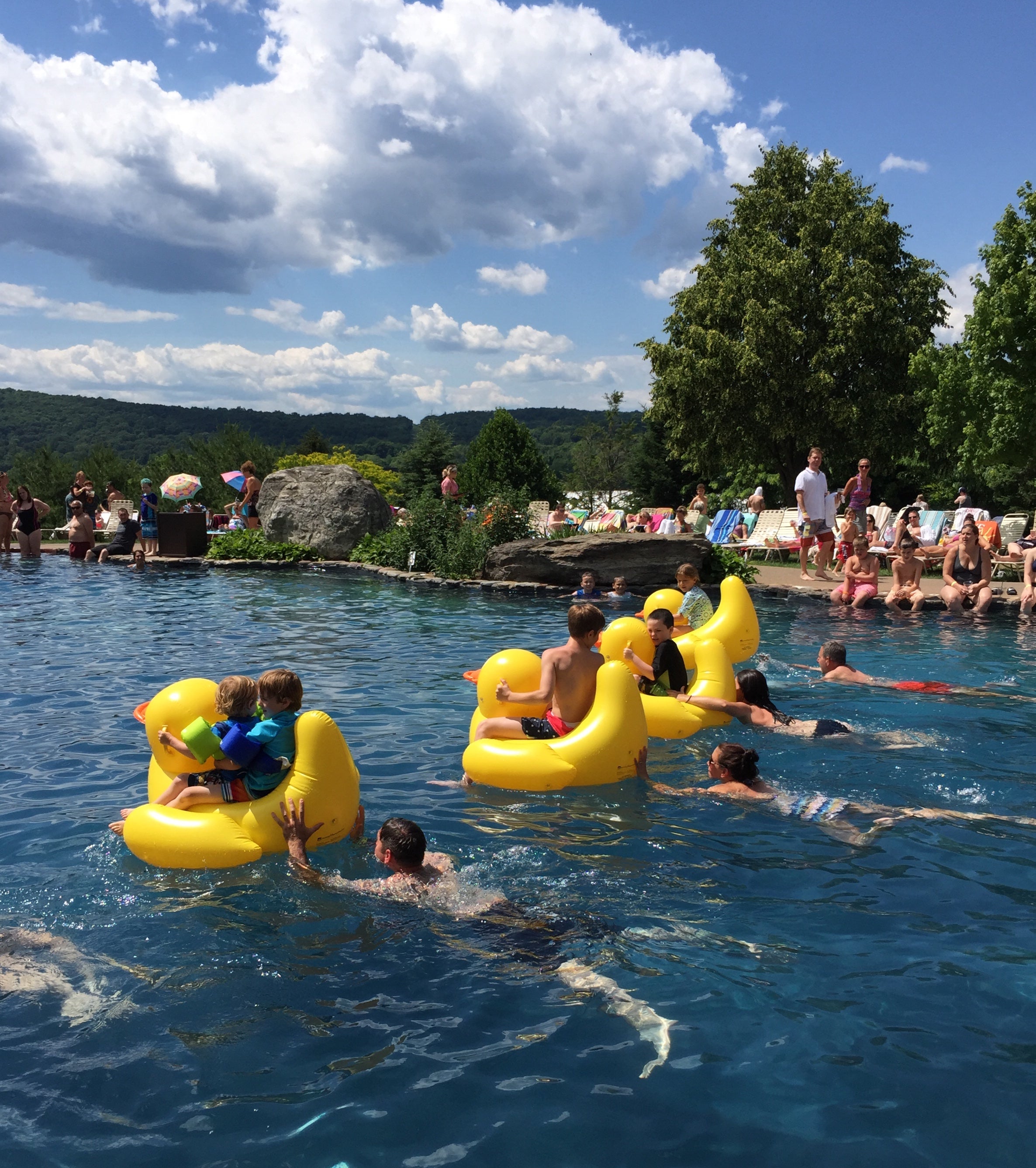 Duck float race across the pool at Crystal Springs Resort in NJ