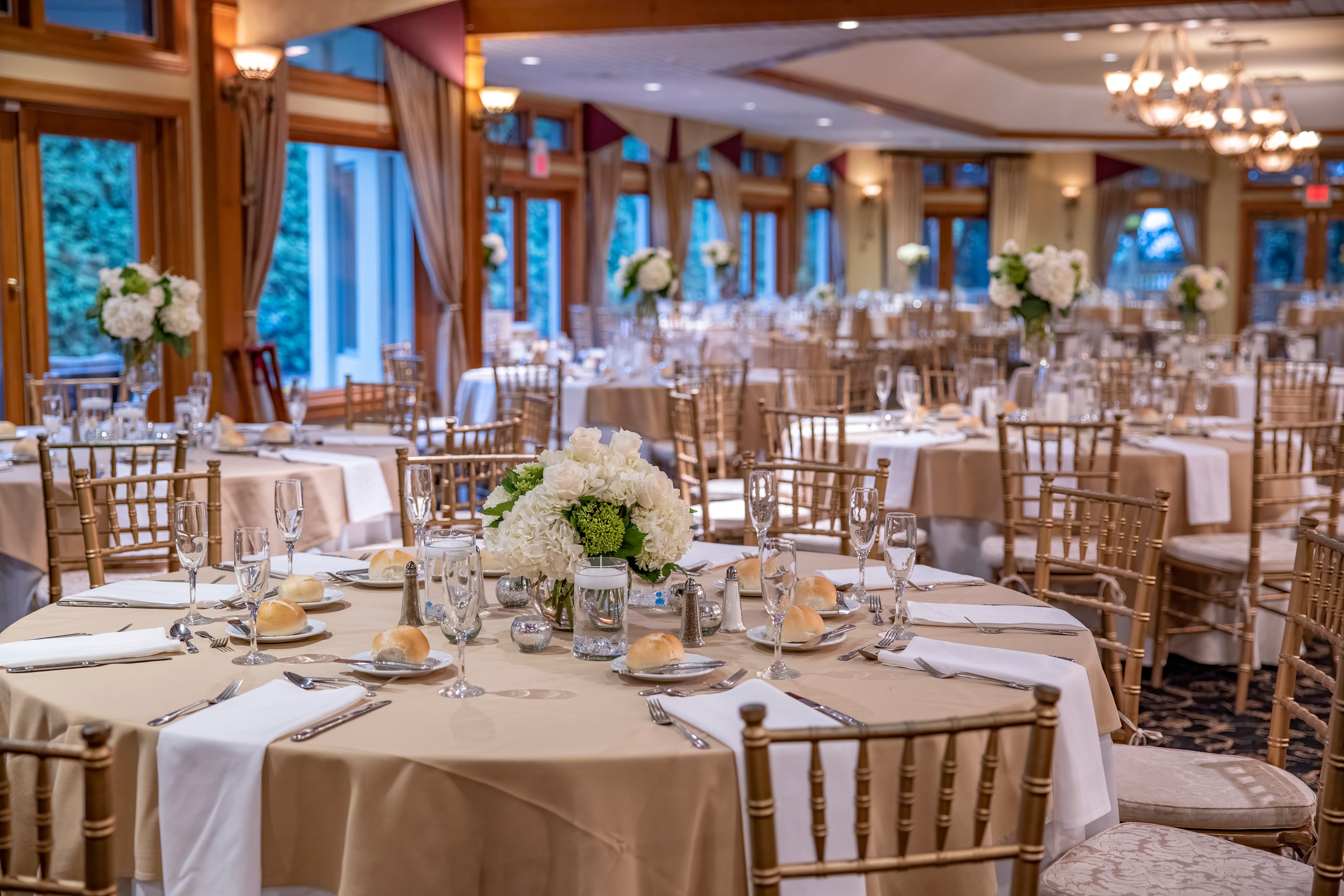 Wedding reception table settings.
