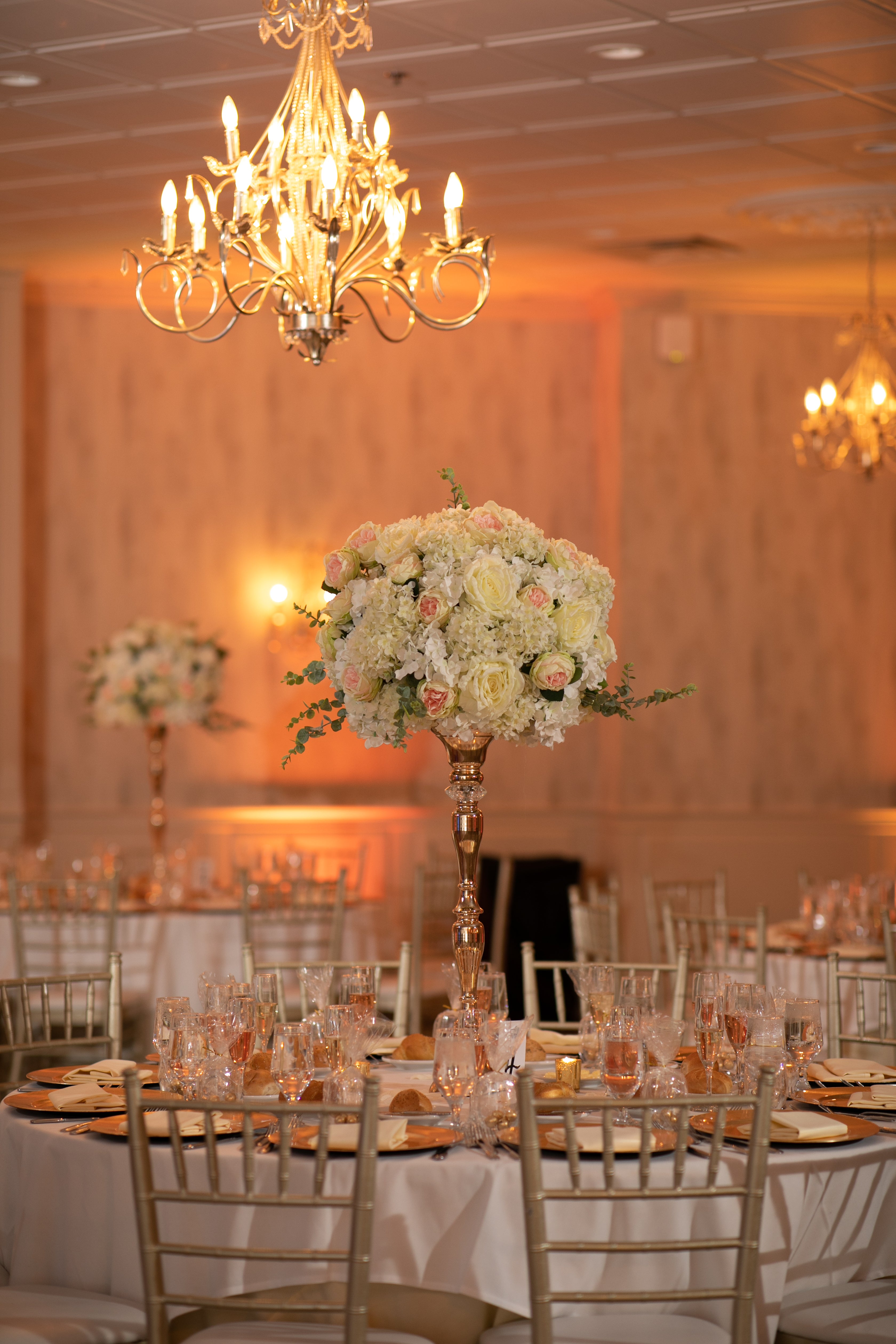 Flower Centerpieces on table for wedding reception