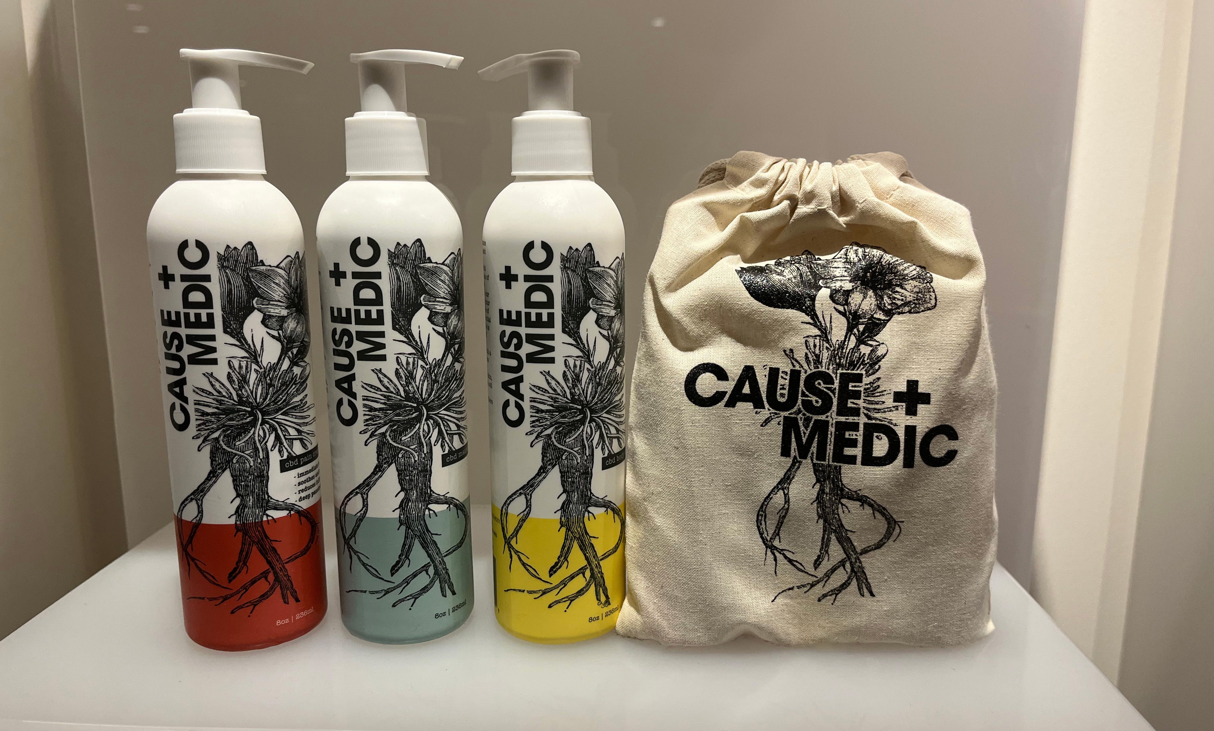 Cause + Medic products on Elements Spa shelf.