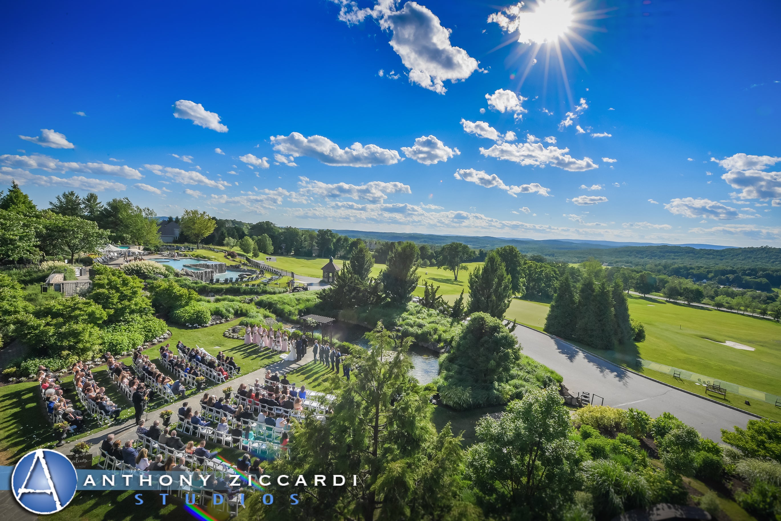 Overhead of wedding garden looking to the mountains in the distance