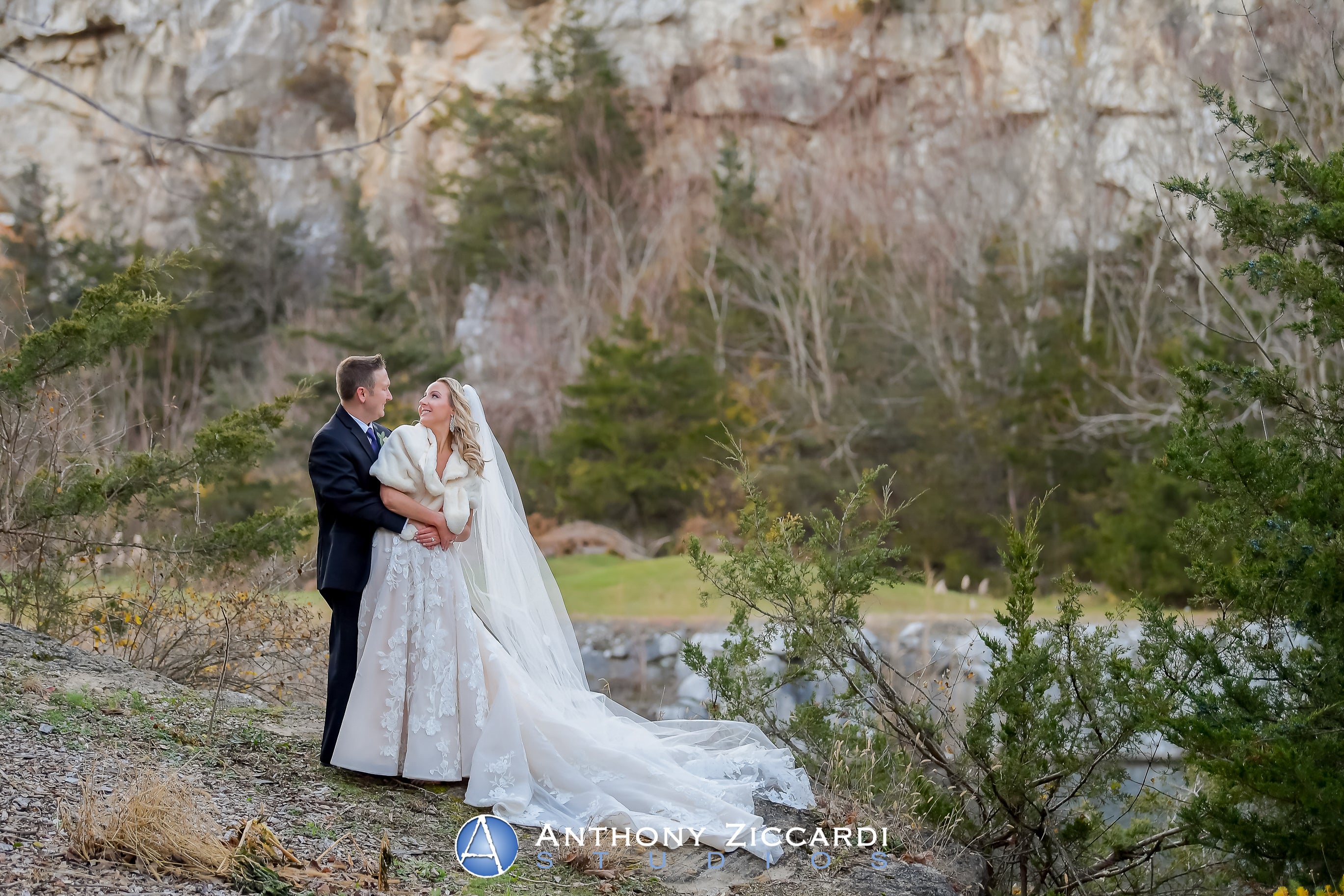 Winter bride and groom at the Quarry