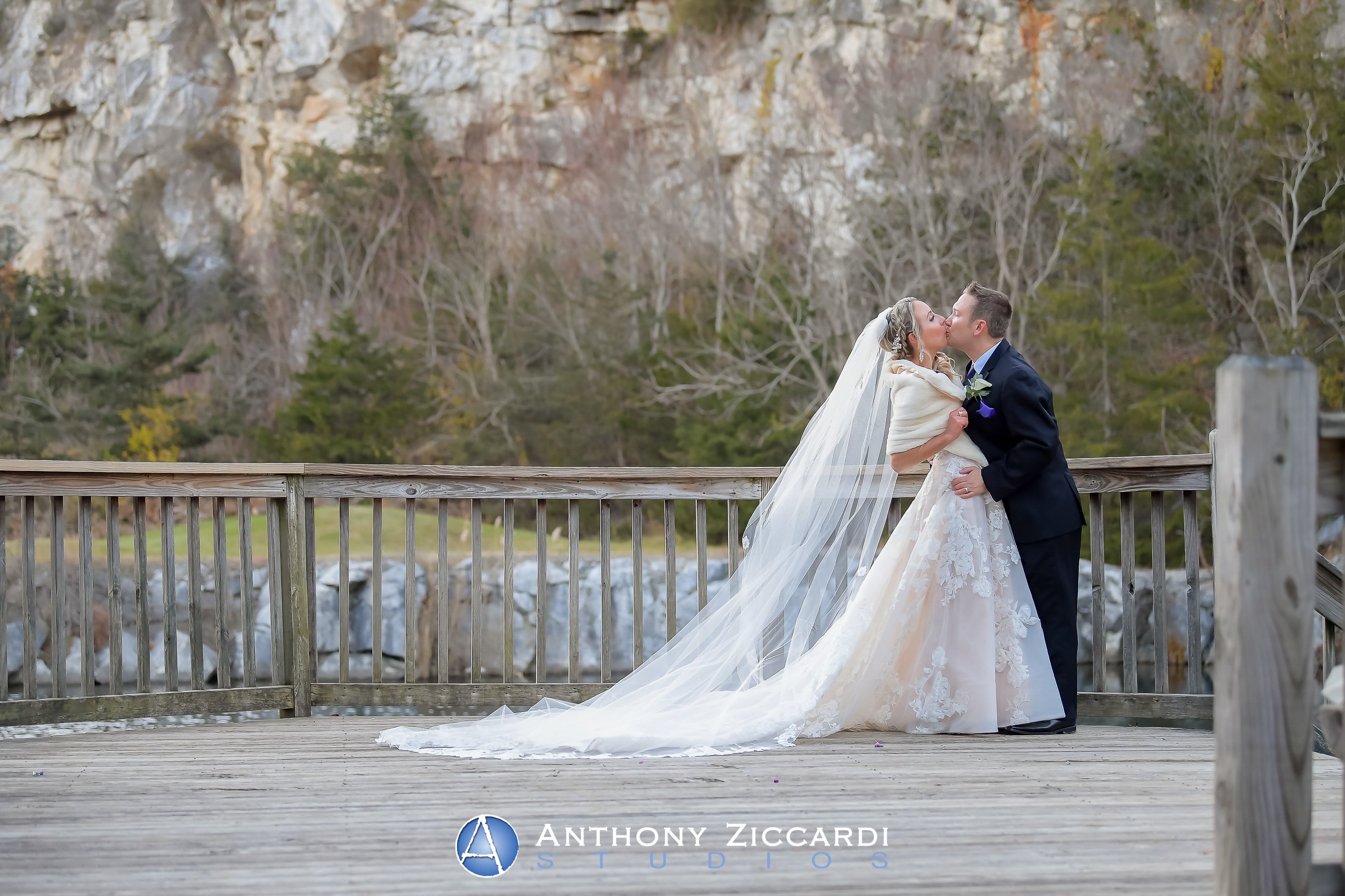 Winter bride and groom at the Quarry