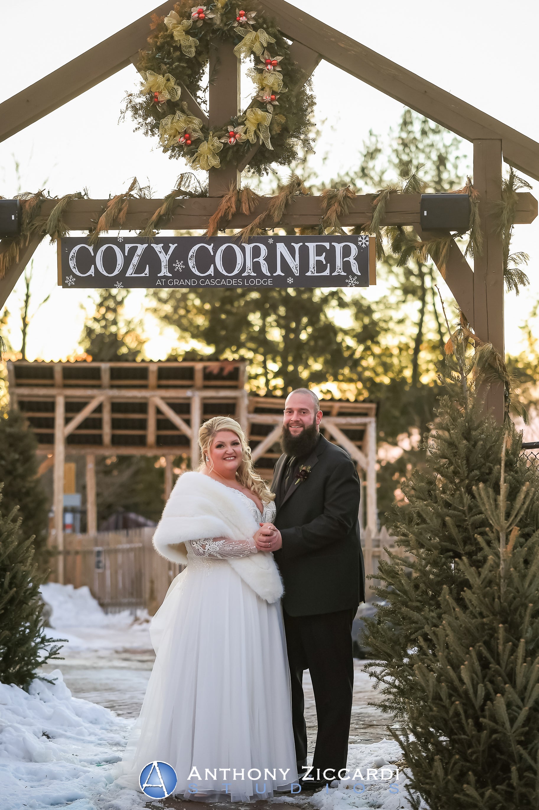 Bride and Groom at the Cozy Corner at Crystal Springs Resort