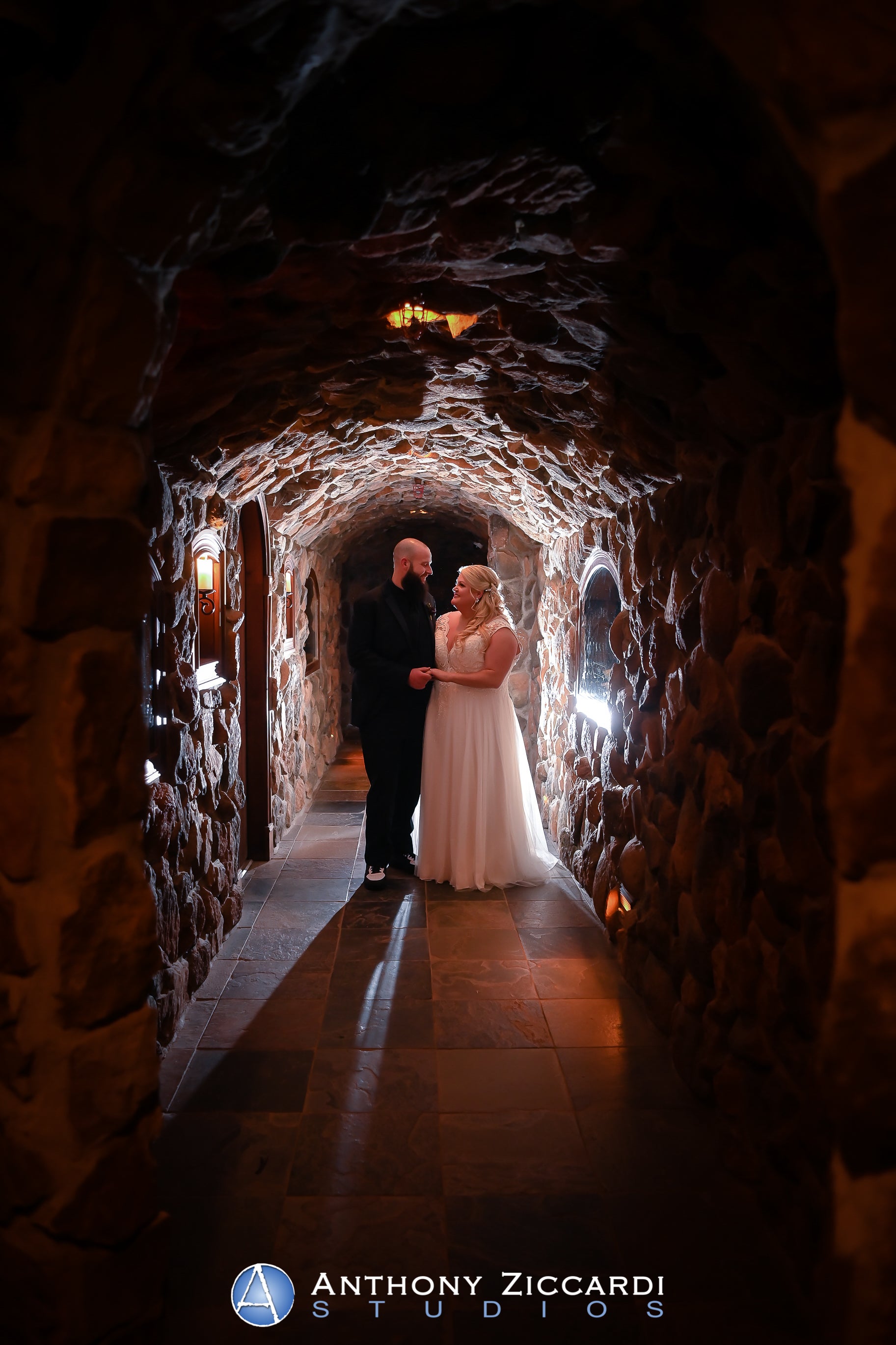 Bride and Groom in the Wine Cellar at Crystal Springs Resort