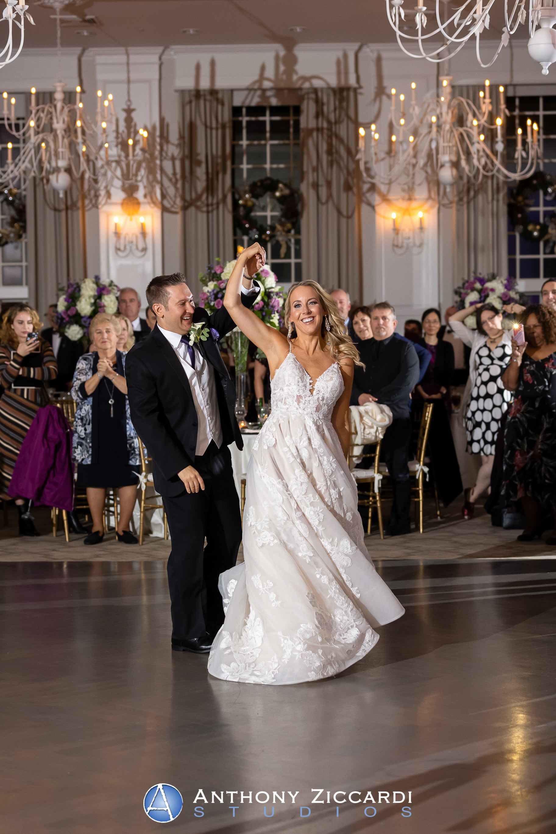 Bride and Groom dancing in the Emerald Ballroom at the Crystal Springs Country Club