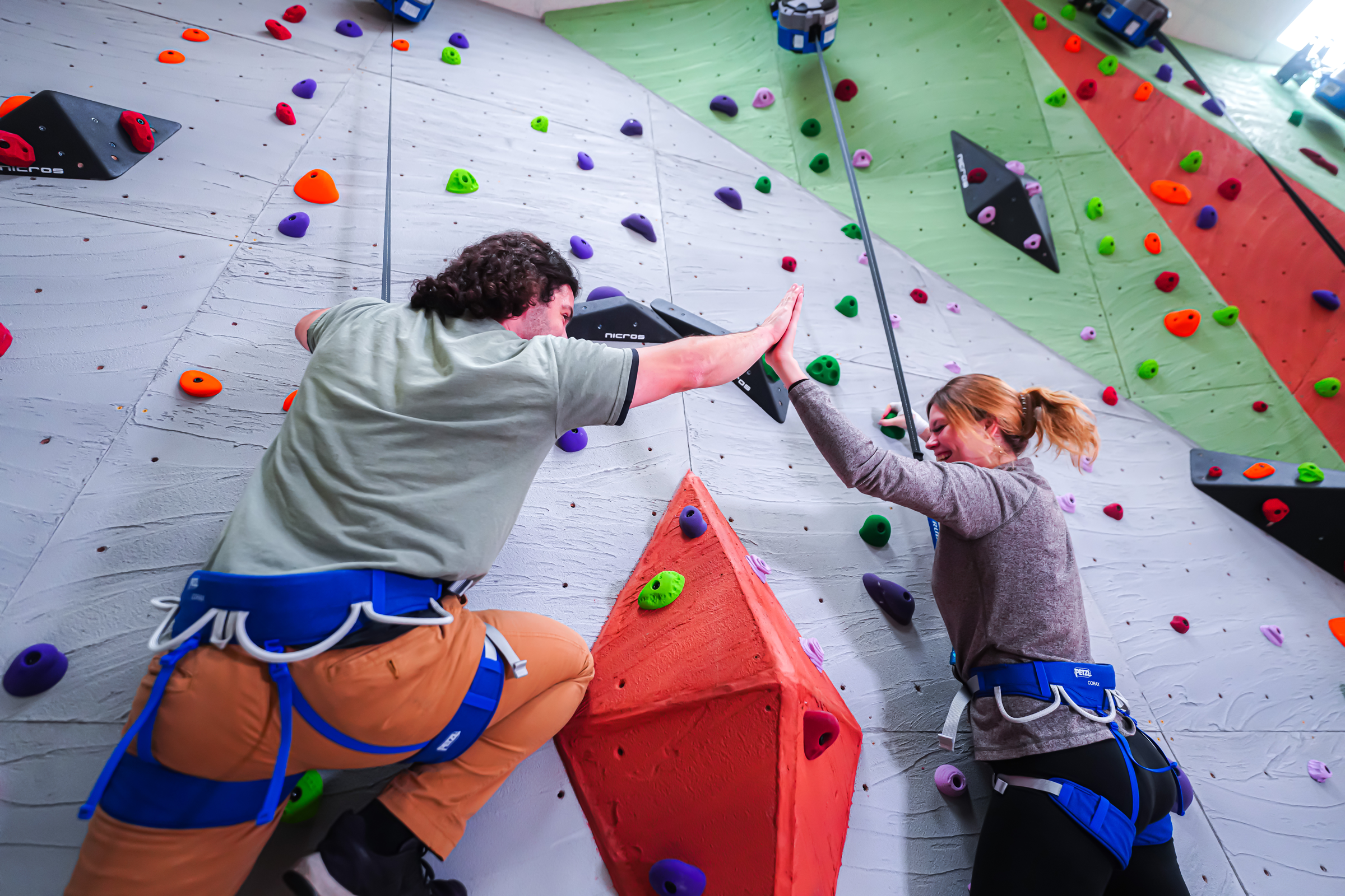 Adults high fiving on rock climbing wall.