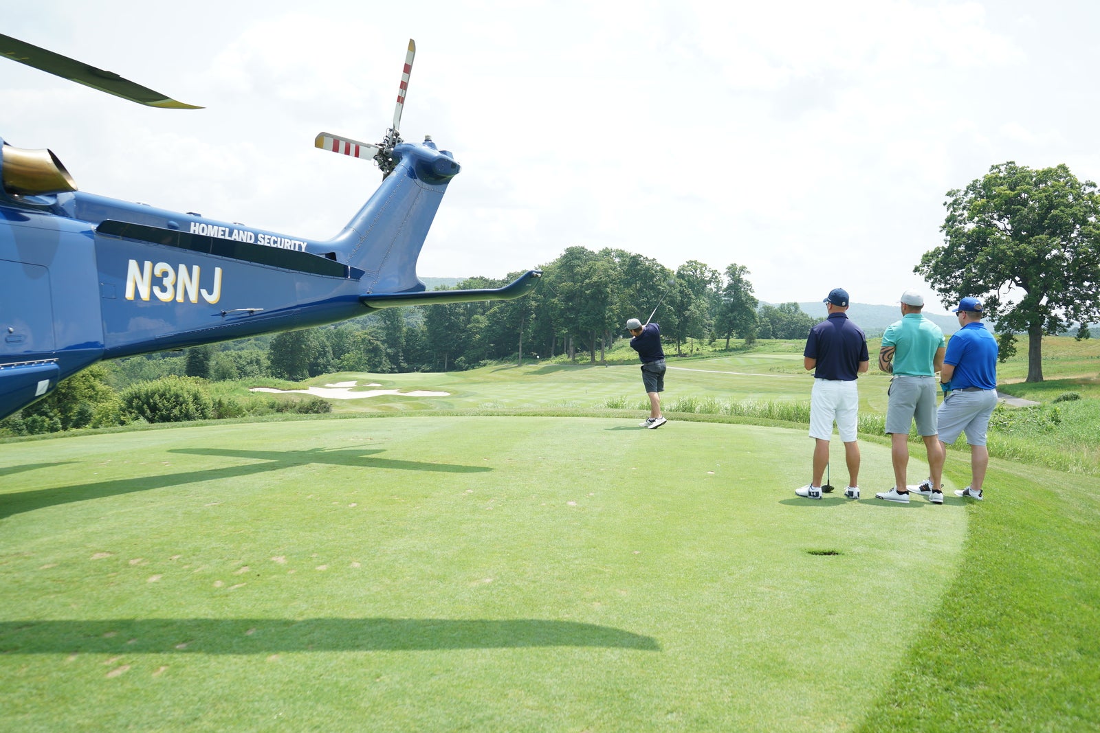 Helicopter on the first tee at Ballyowen Golf Club.