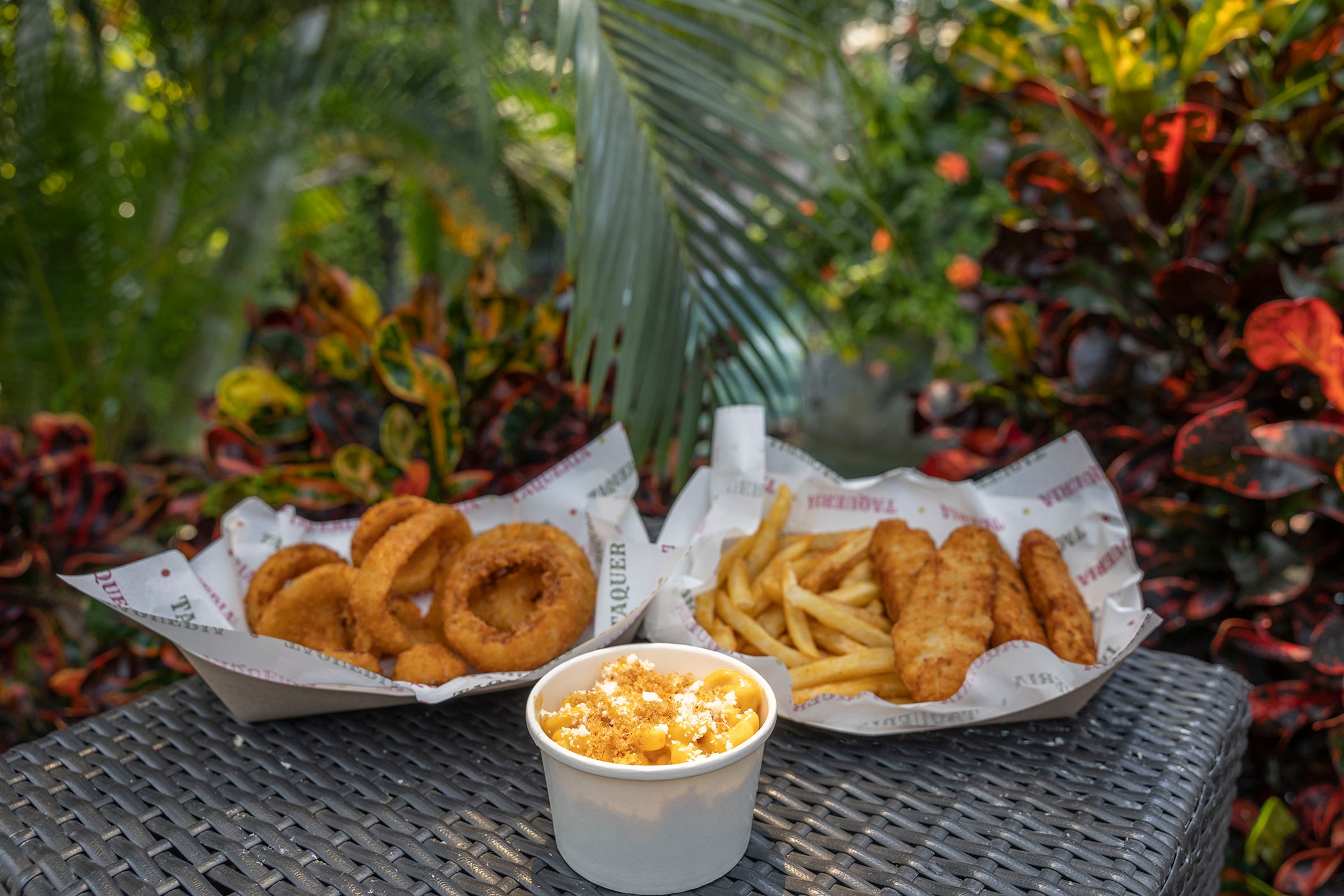 Onion rings, chicken tenders, fries and mac and cheese.