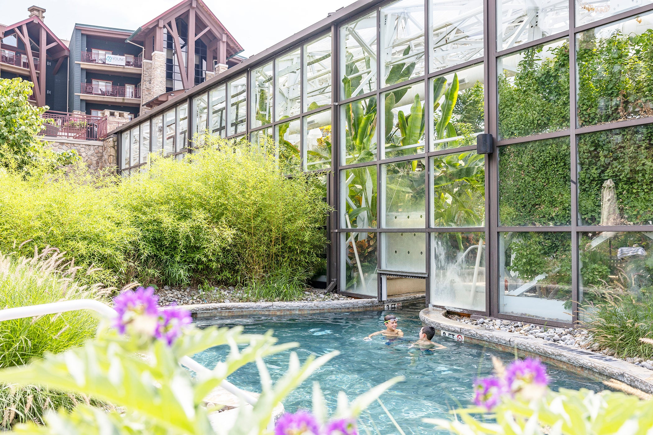 Two boys swimming in Biosphere in/out pool.