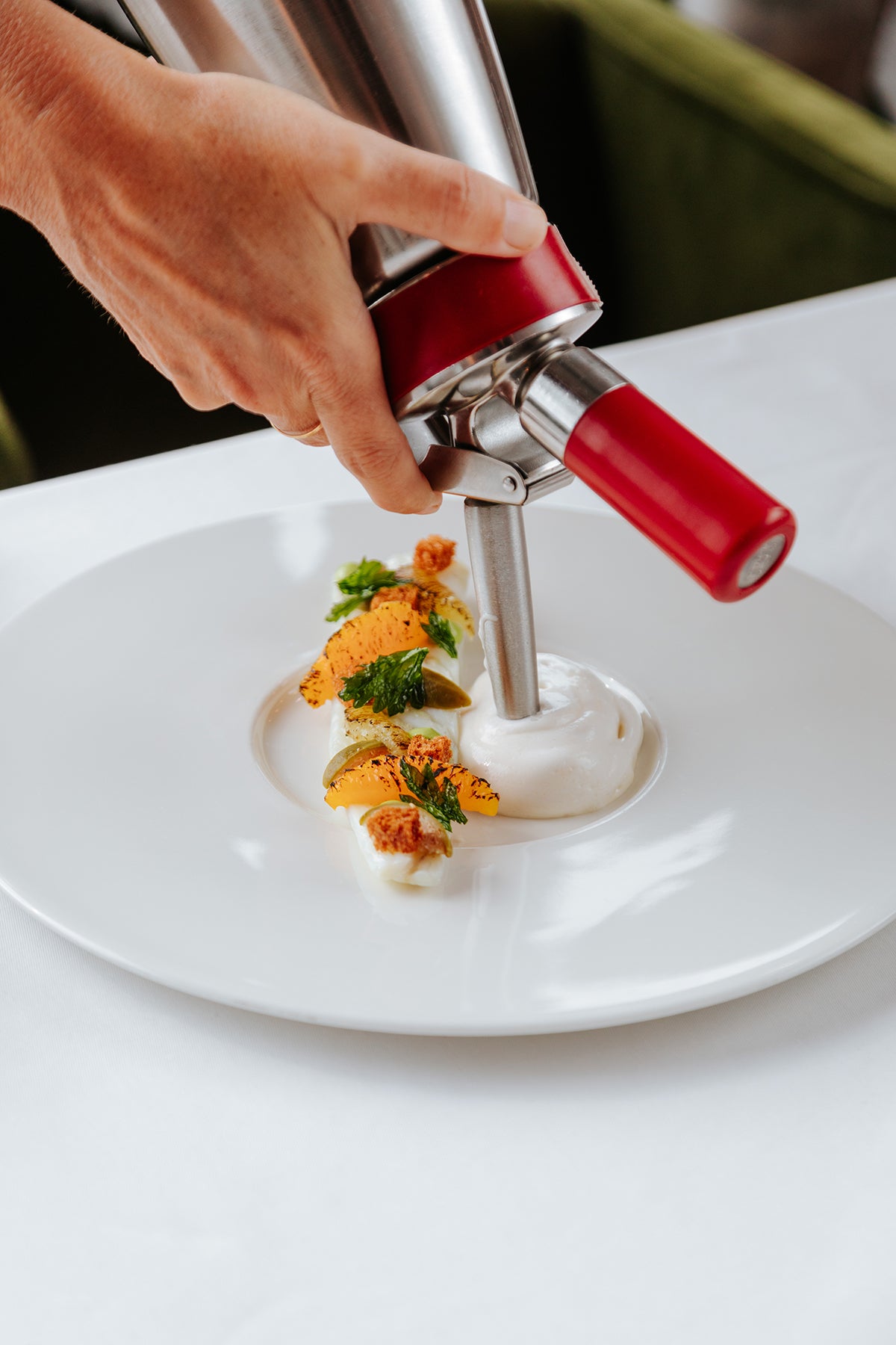 turbot grenobloise, caper berries, citrus, mussel espuma