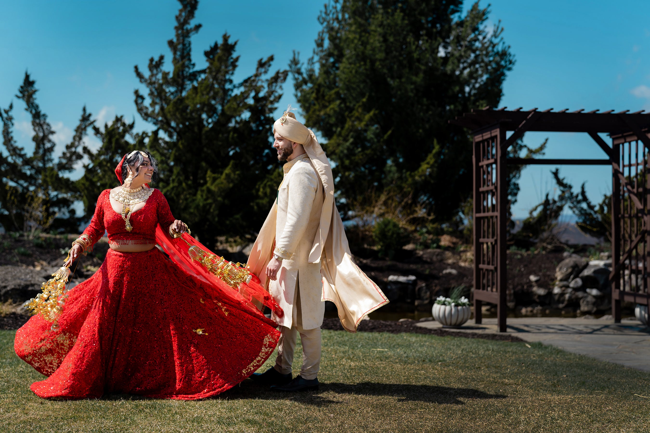 Indian bride and groom in the wedding garden