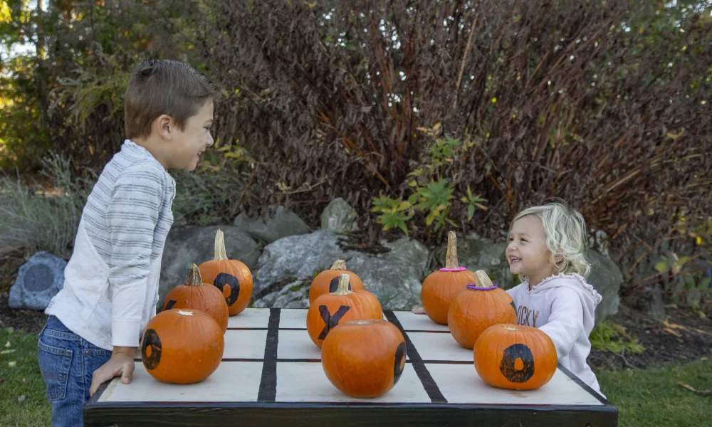 Boy and girl play tic tac toe with pumpkins.