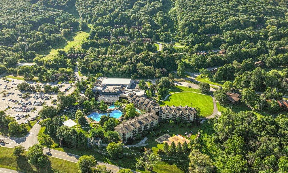 Aerial view of Minerals Hotel during summer. 