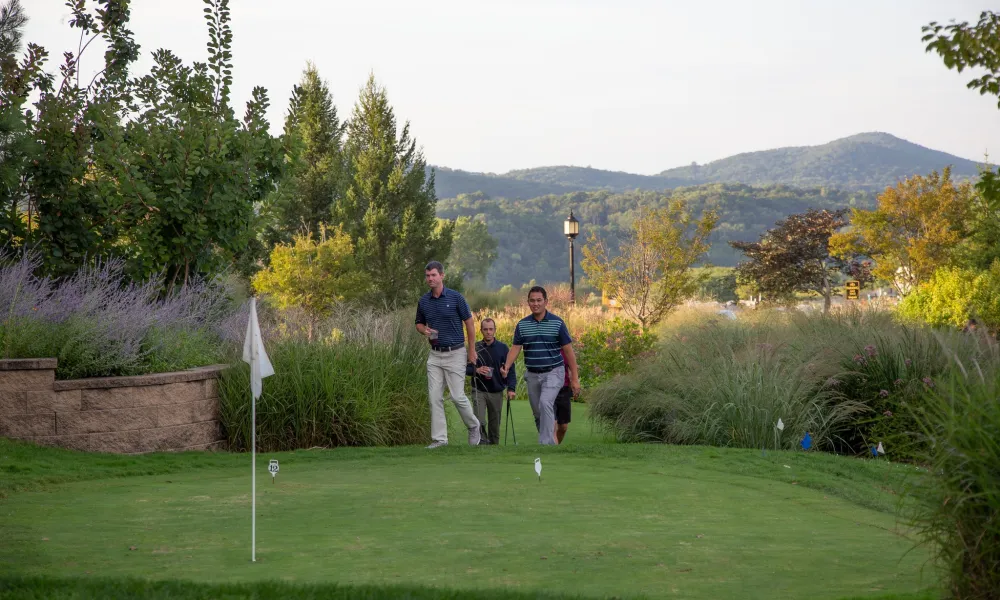 Men walking onto natural grass putting course. 