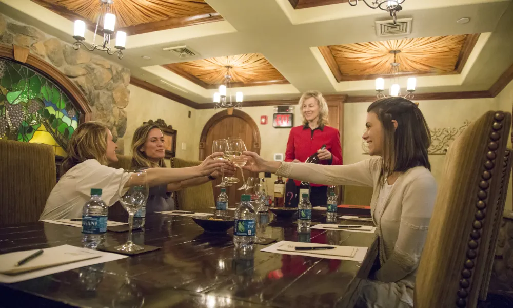 Group of women cheersing wine glasses.